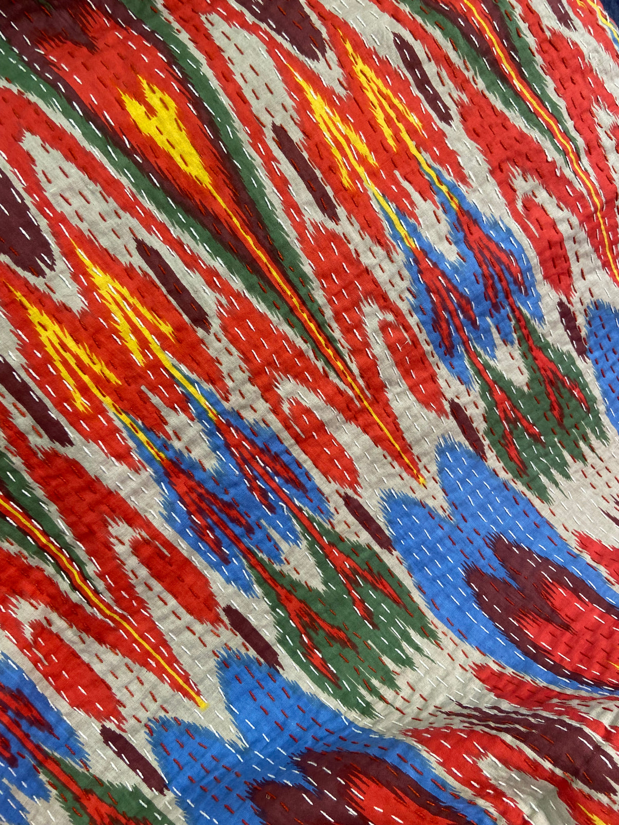 Colourful Ikat Embroidered Queen Size Kantha Bedspread - Nakhrro