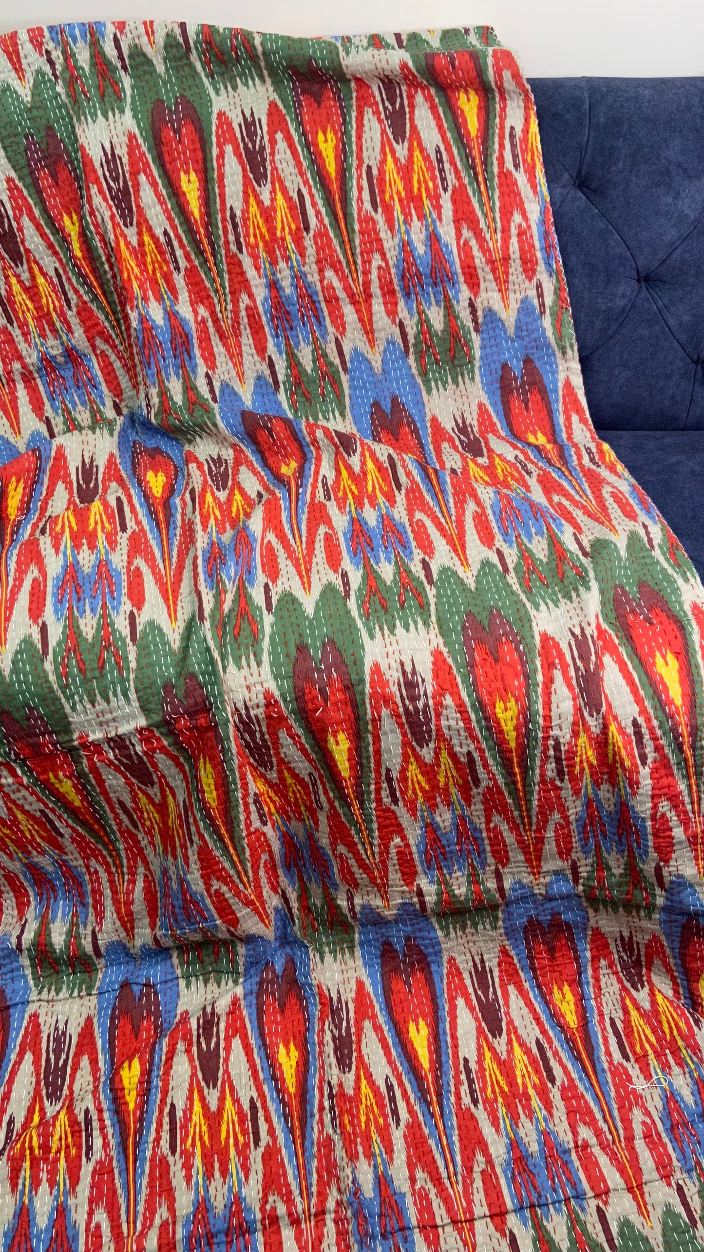 Colourful Ikat Embroidered Queen Size Kantha Bedspread - Nakhrro