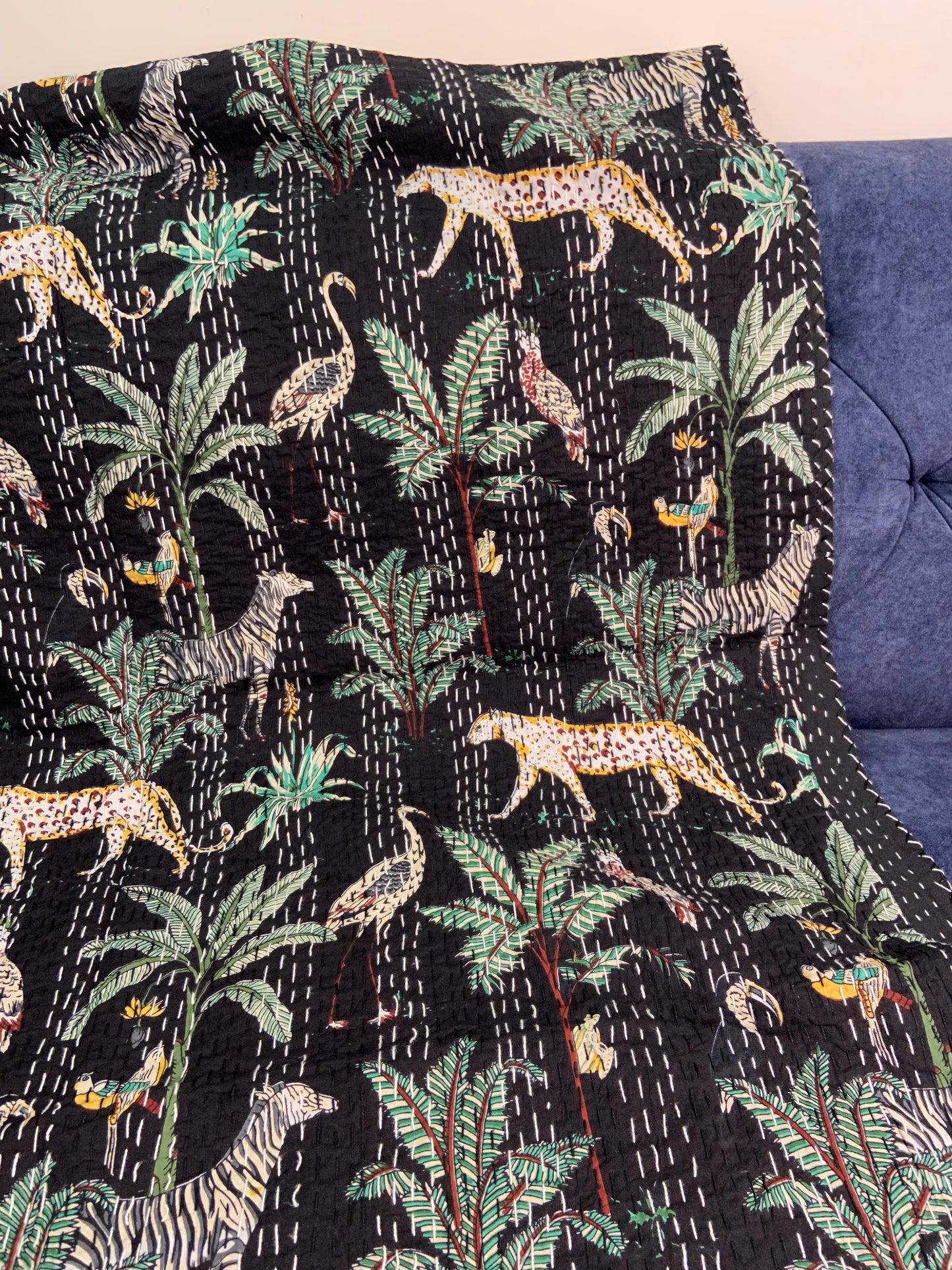 Black Cheetah Jungle Twin Kantha Bedspread - Nakhrro