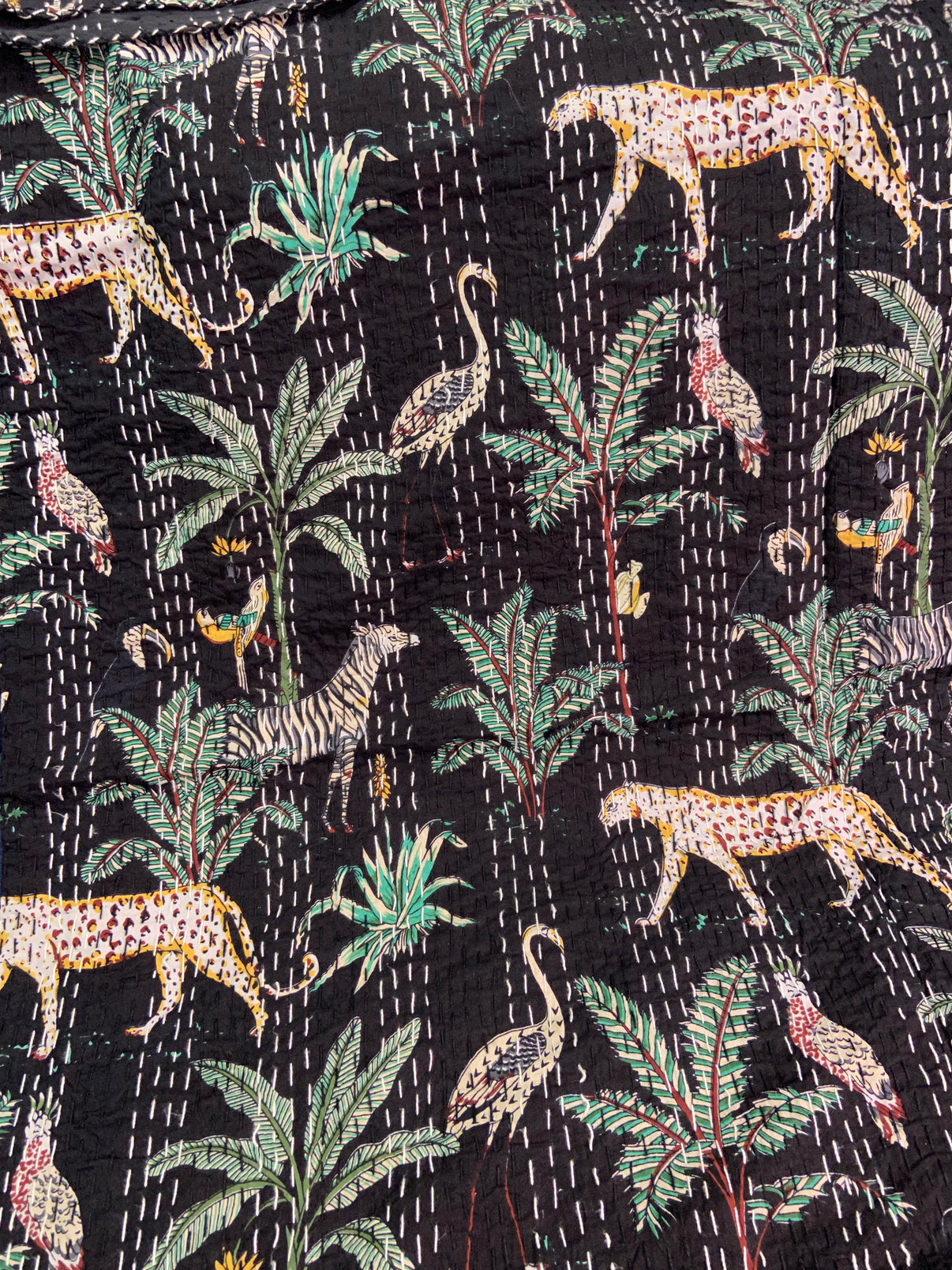 Black Cheetah Jungle Twin Kantha Bedspread - Nakhrro
