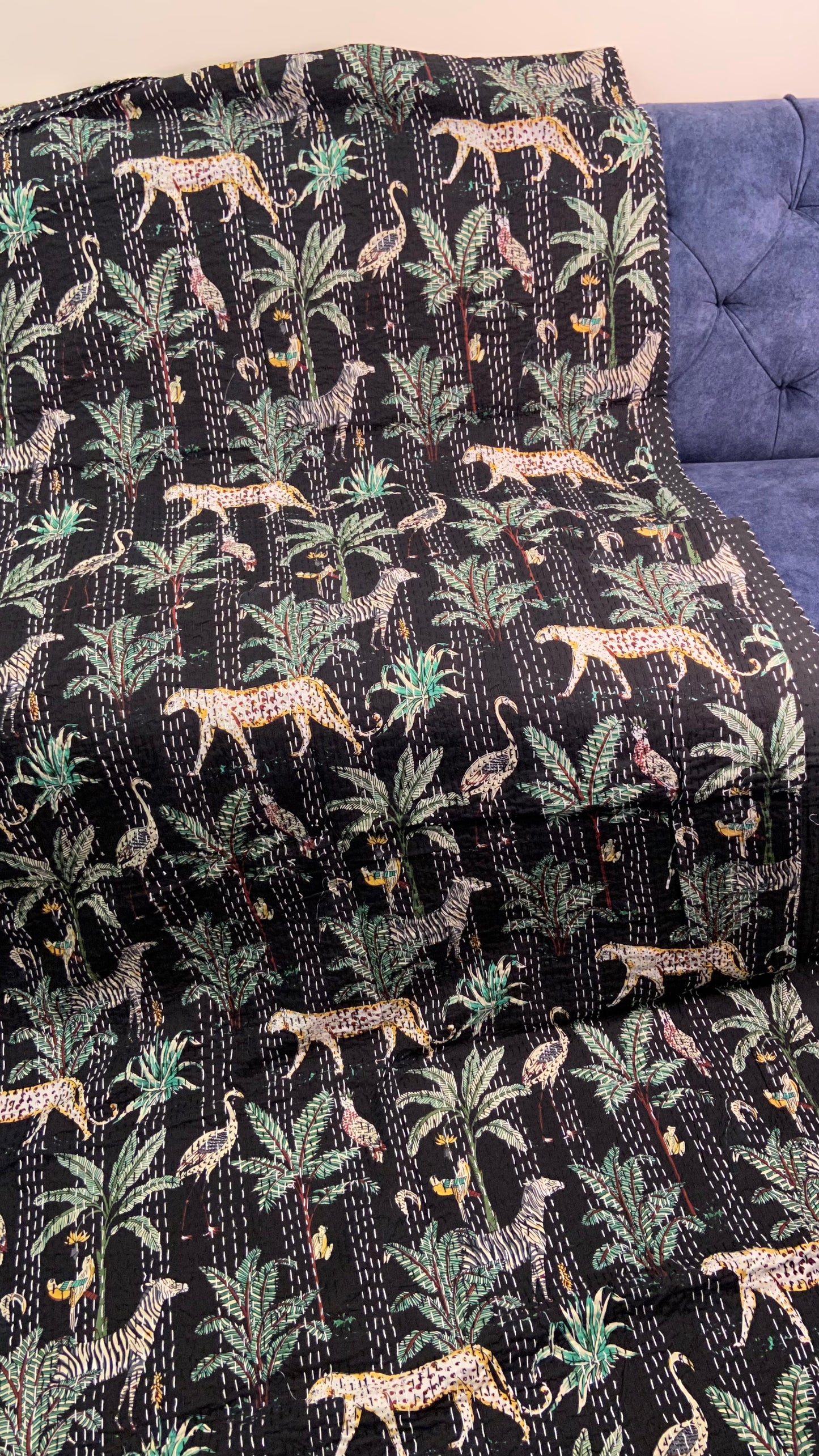 Black Cheetah Jungle Twin Kantha Bedspread - Nakhrro