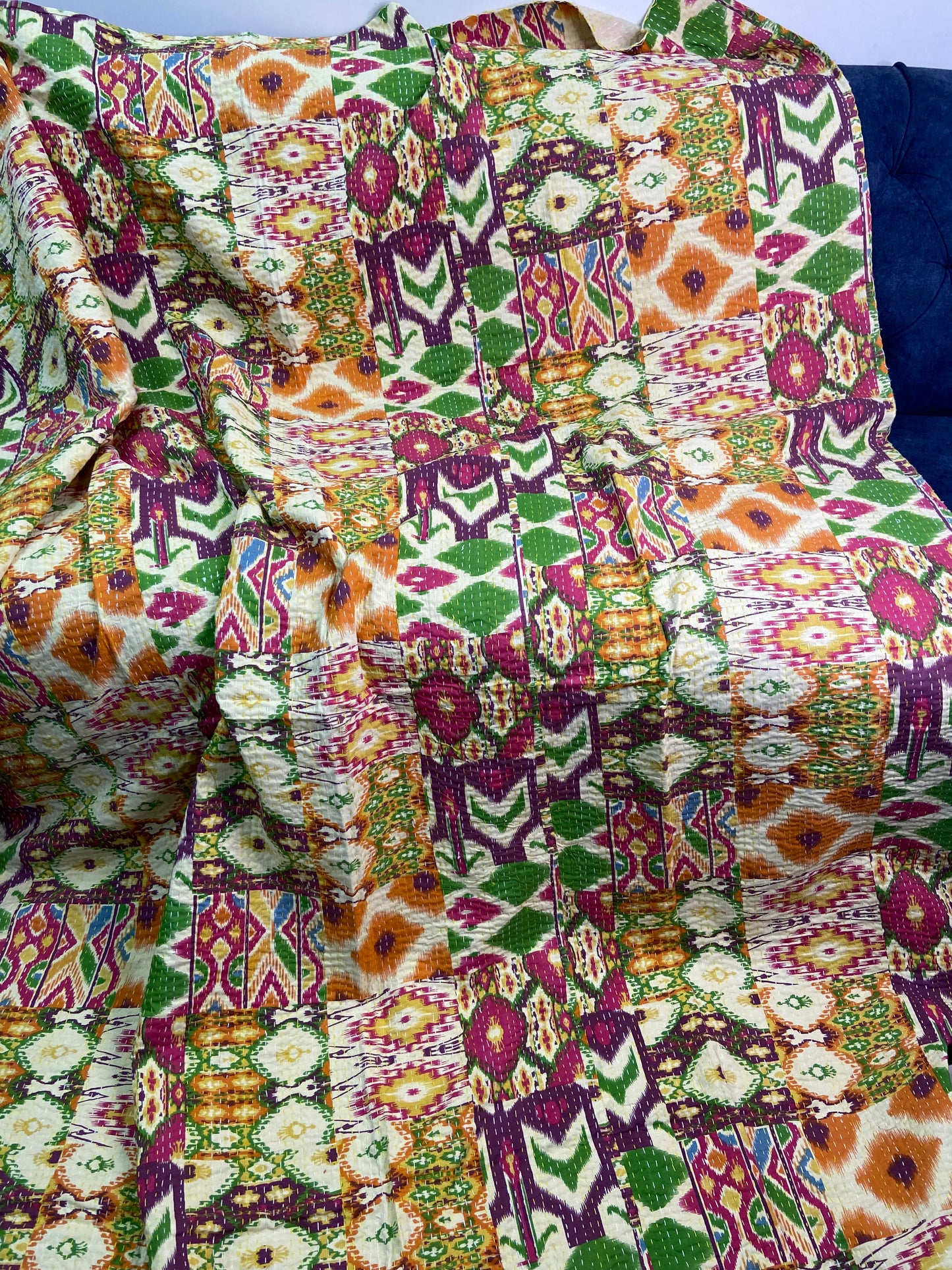 Colourful Ikat Twin Kantha Bedspread - Nakhrro