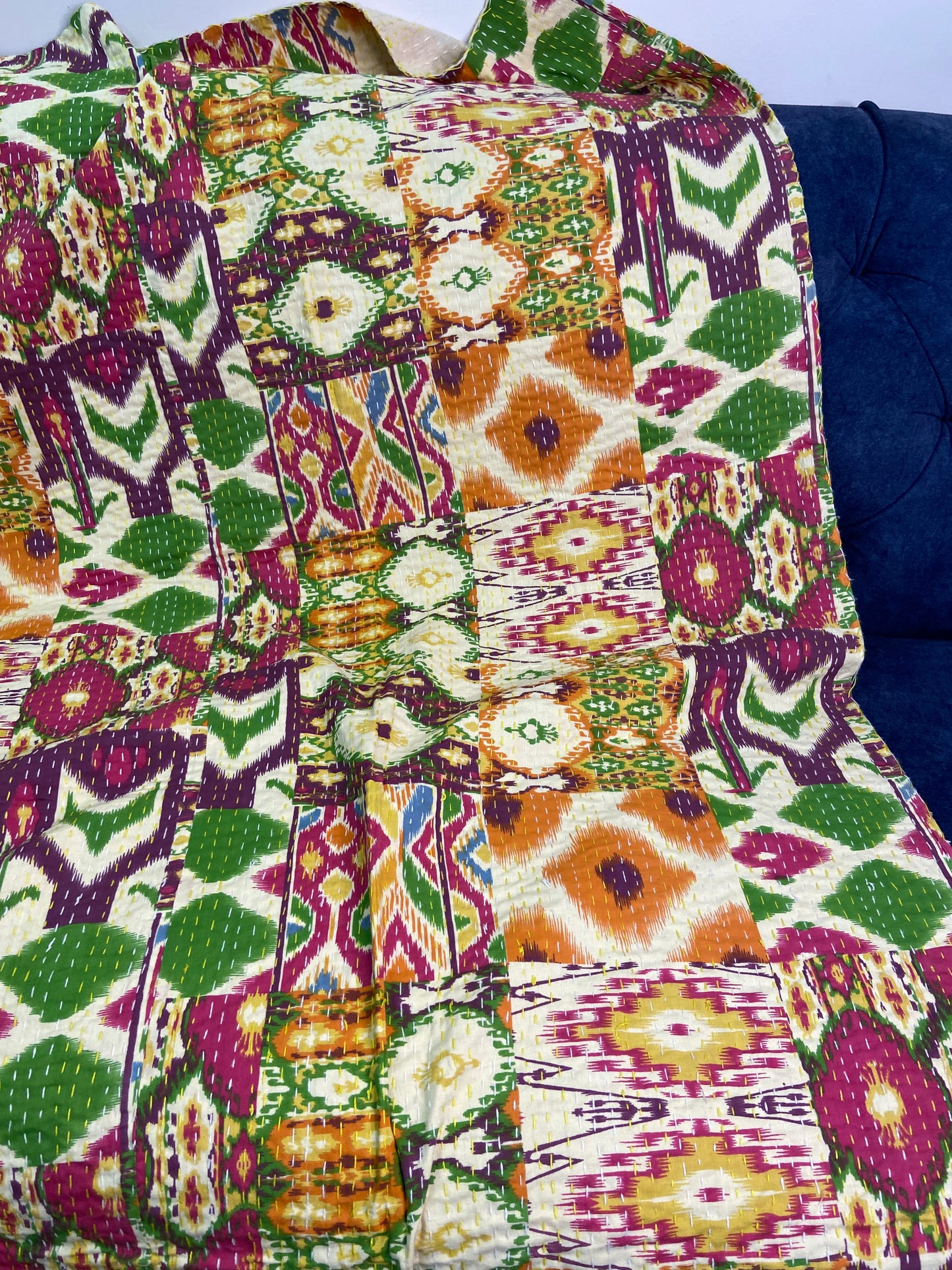 Colourful Ikat Twin Kantha Bedspread - Nakhrro