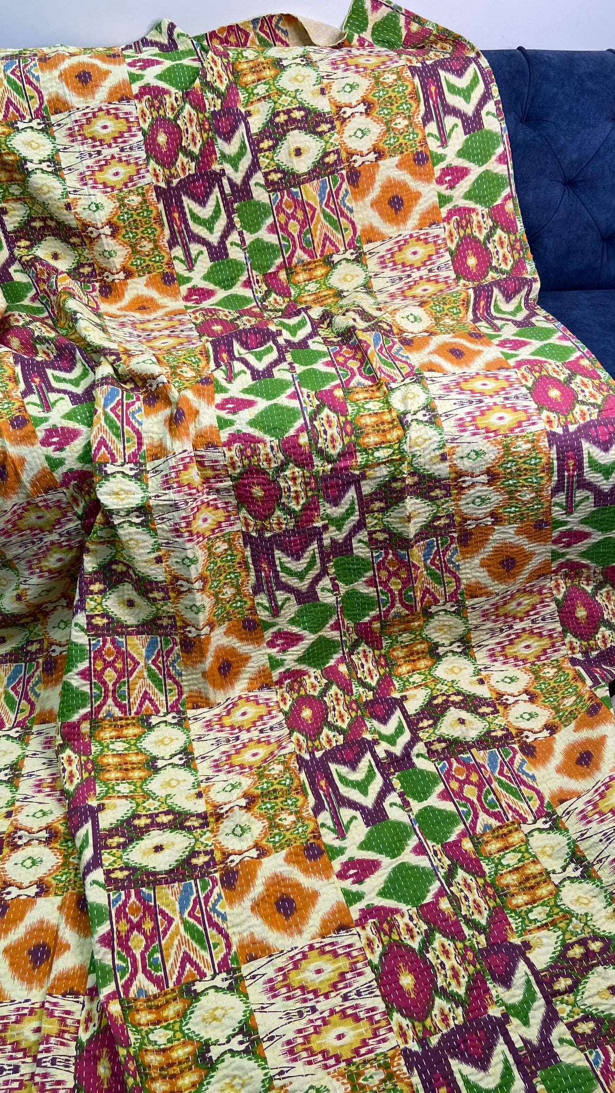 Colourful Ikat Twin Kantha Bedspread - Nakhrro