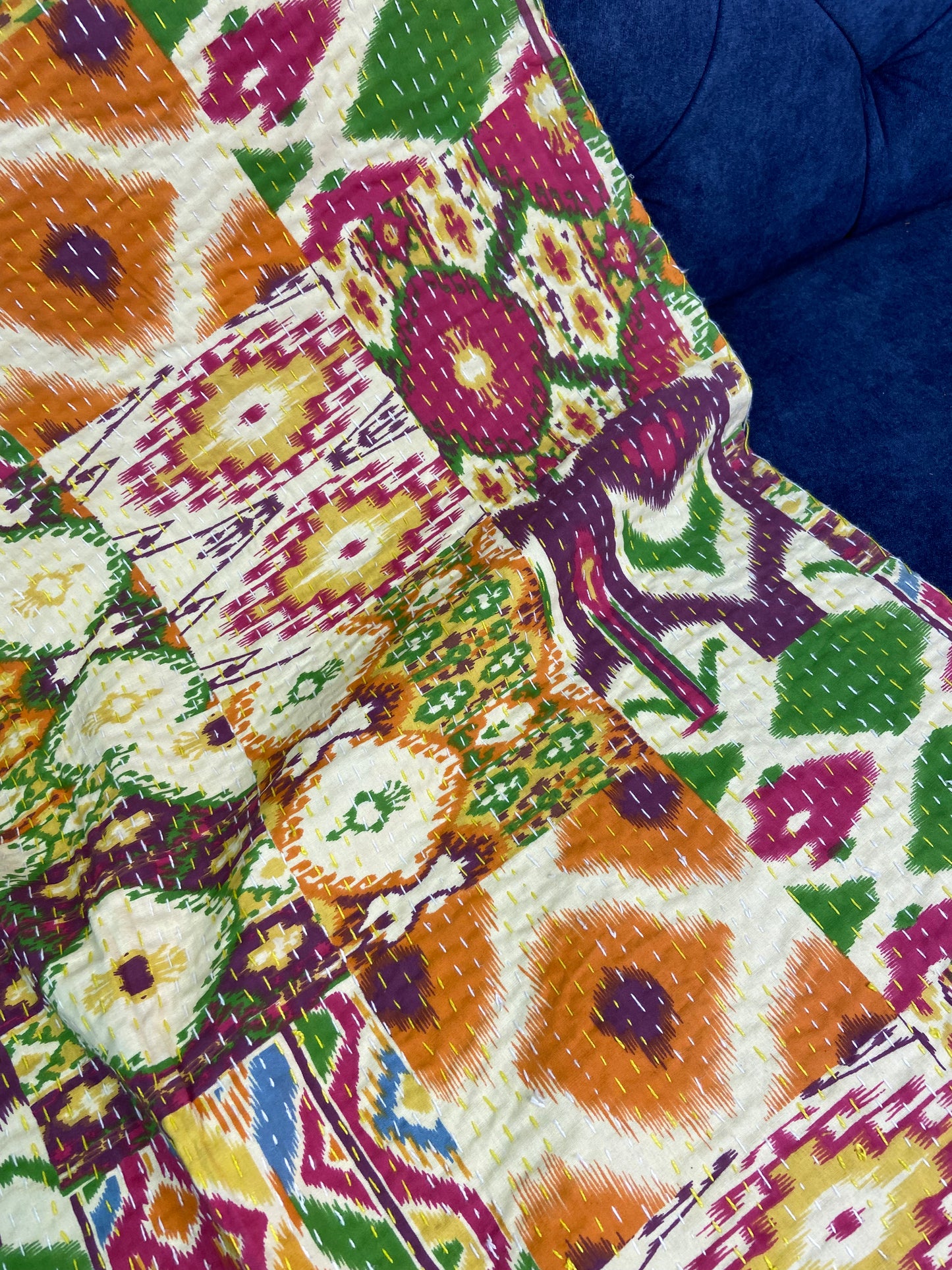 Colourful Ikat Twin Kantha Bedspread - Nakhrro