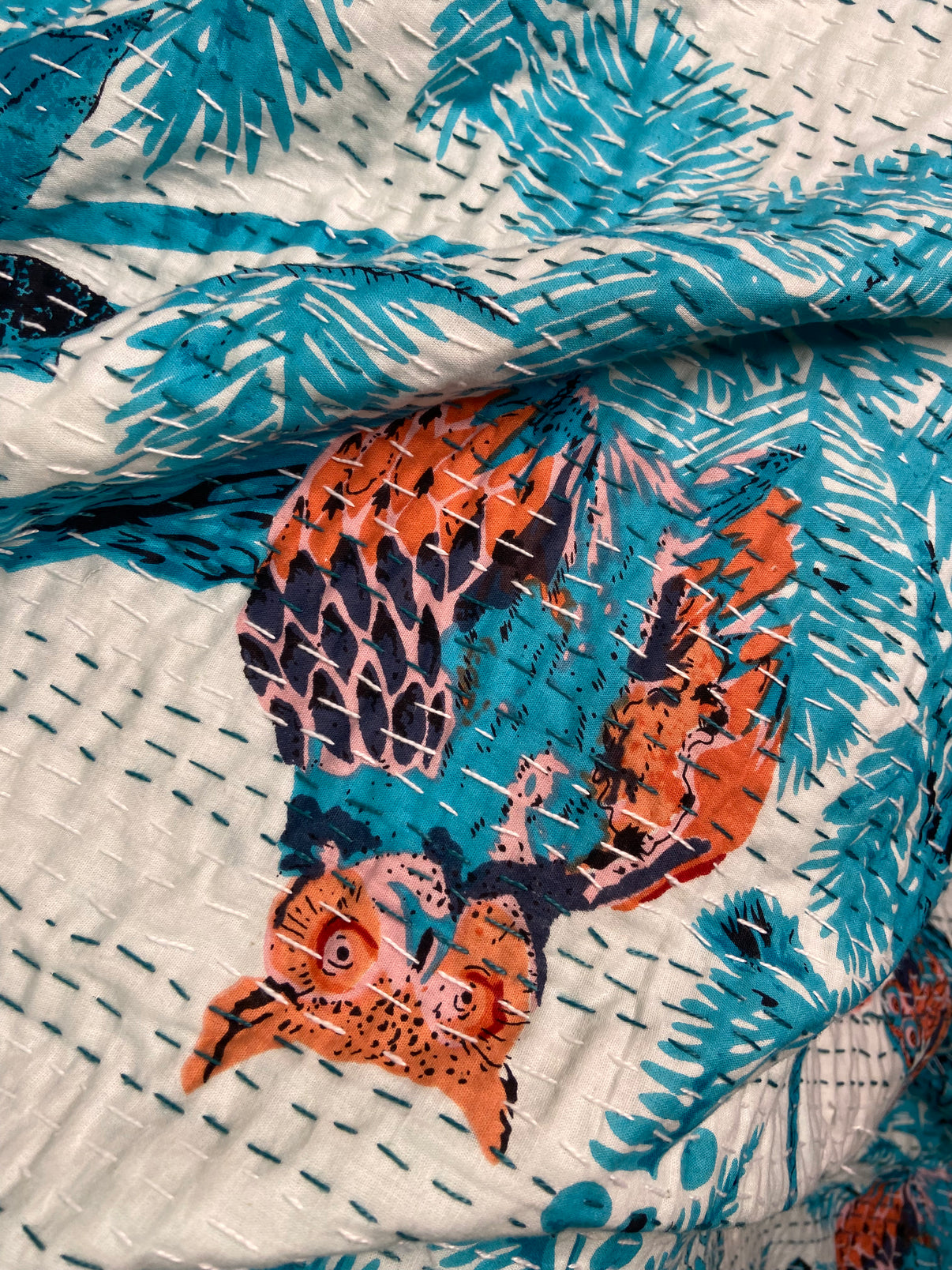 Blue Owl Embroidered Queen Size Kantha Bedspread - Nakhrro