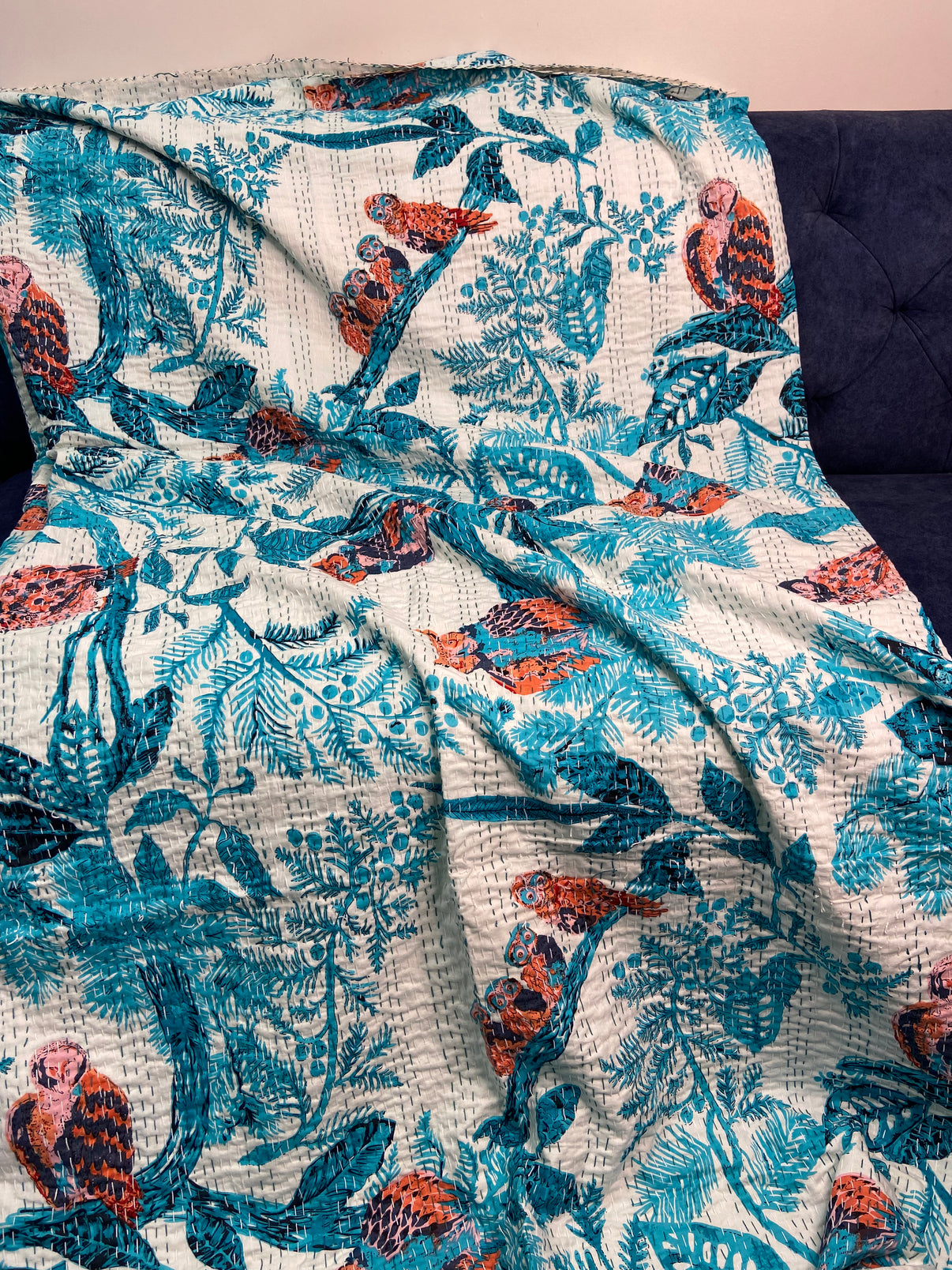 Blue Owl Embroidered Queen Size Kantha Bedspread - Nakhrro
