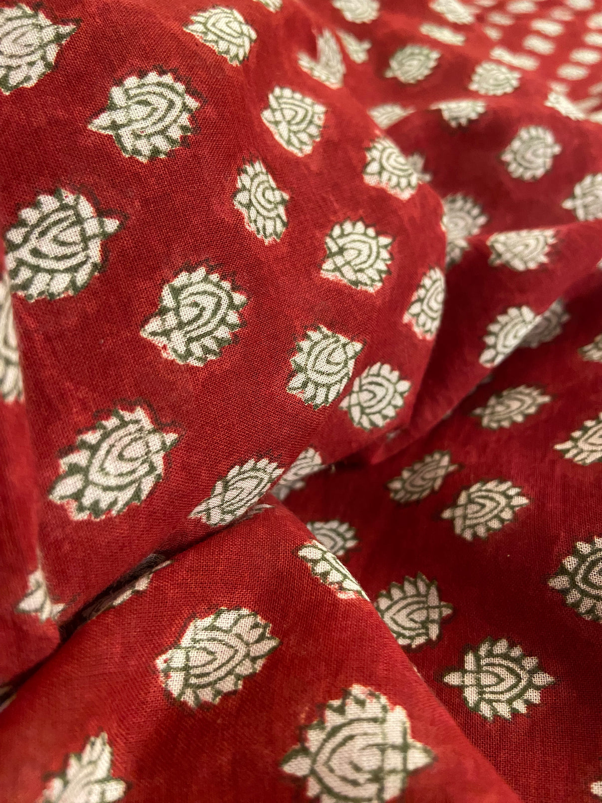 Cherry Red Hand Block Printed Mulmul Cotton Cloth - Nakhrro