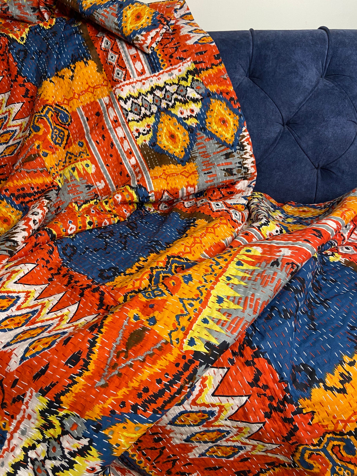 King Size Red Ikat Colourful Kantha Bedspread/Dohar - Nakhrro