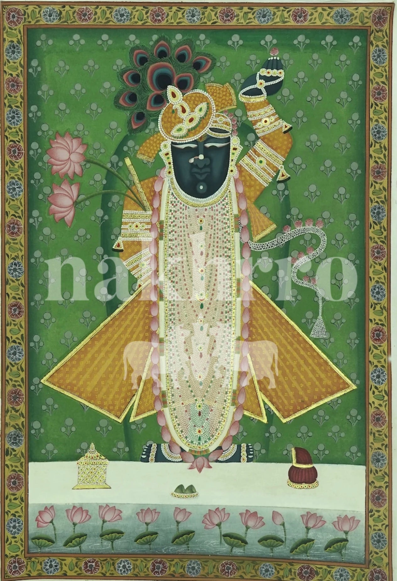 Green Hand-Painted Pichwai of Shrinathji | Traditional Temple Art for Home & Decor
