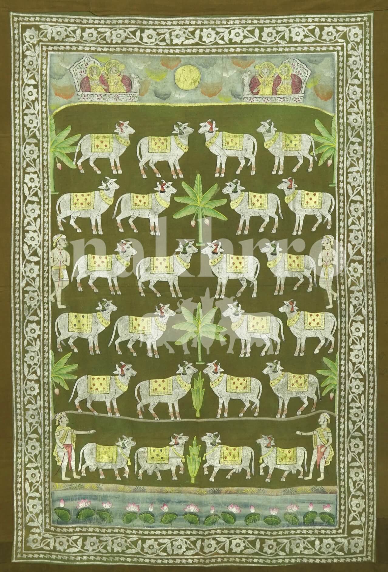 Green Deccan Style Tree Of Life With Cows Pichwai