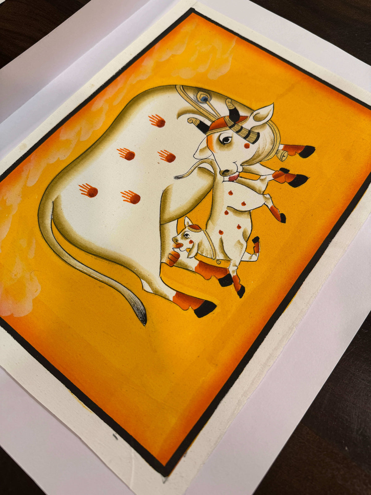 Hand-Painted Sacred Cow and Calf Original Pichwai Painting in Yellow — product view 3