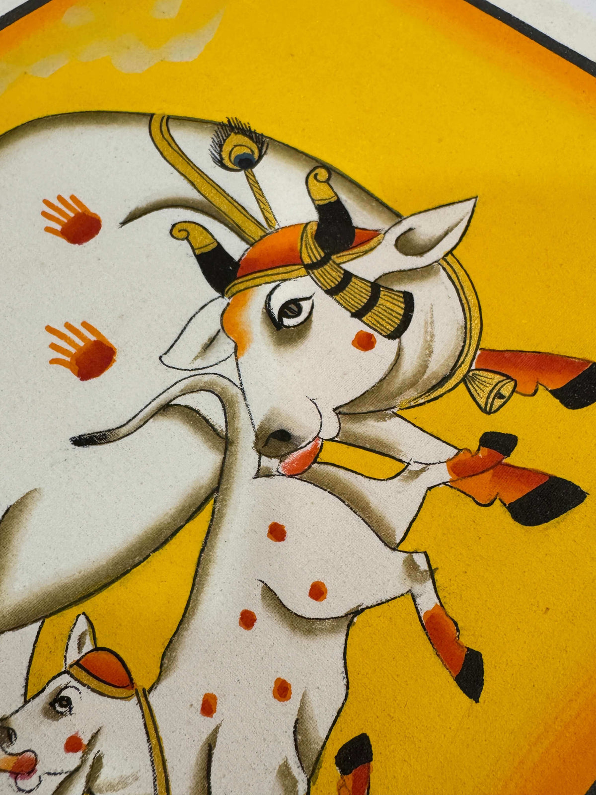 Hand-Painted Sacred Cow and Calf Original Pichwai Painting in Yellow — product view 7