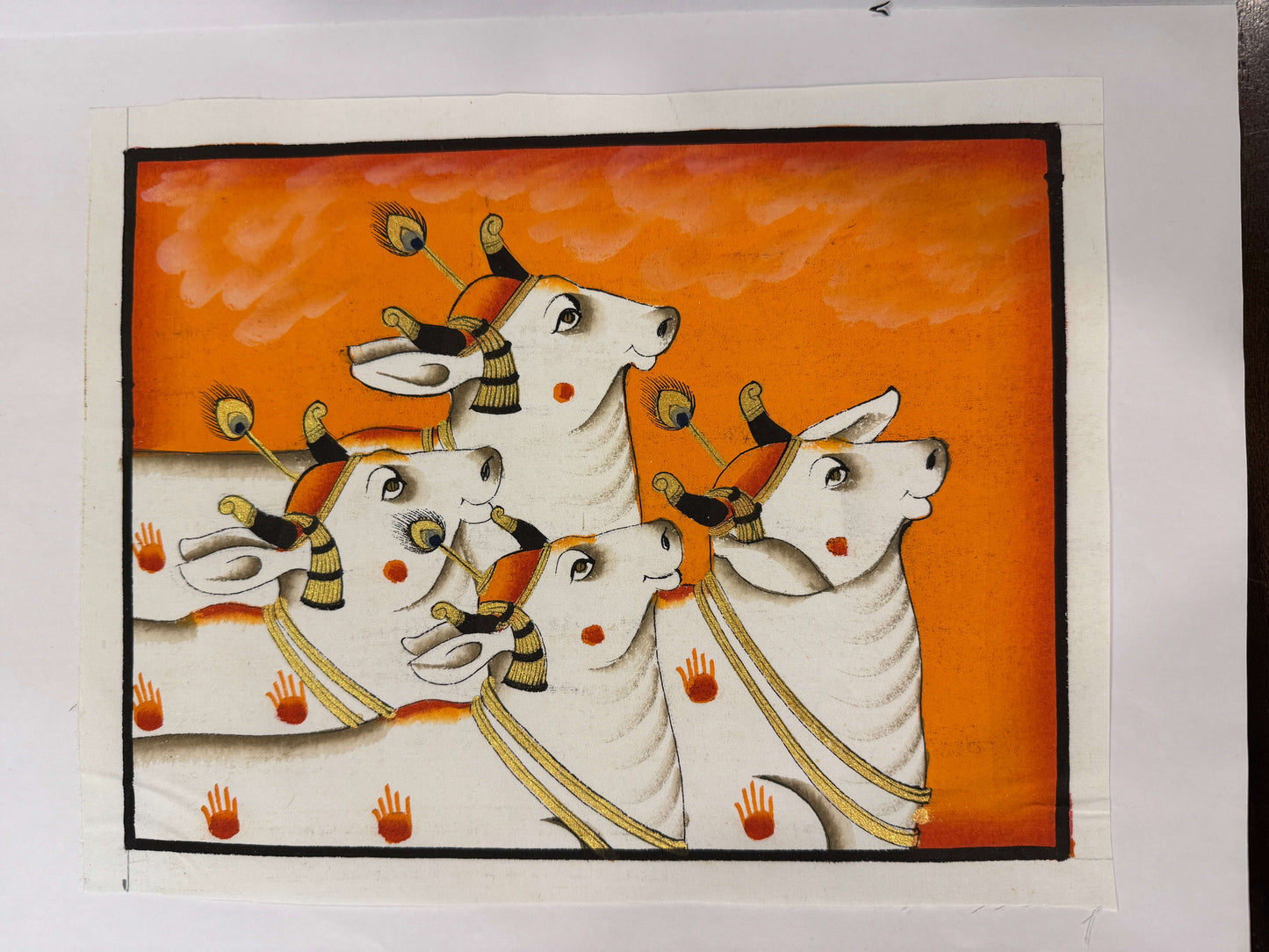Sacred Cows Pichwai – Original Hand-Painted Artwork on Cotton Cloth | Orange Background