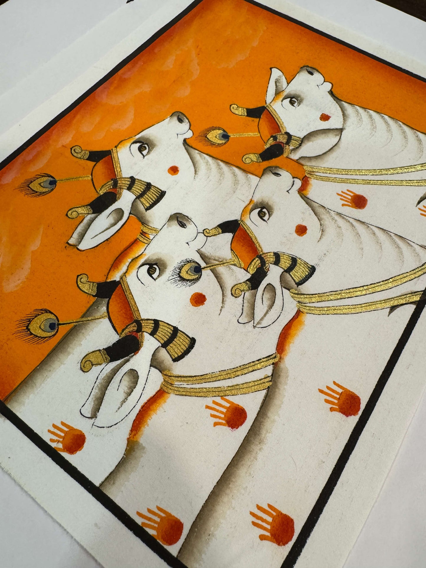 Sacred Cows Pichwai – Original Hand-Painted Artwork on Cotton Cloth | Orange Background