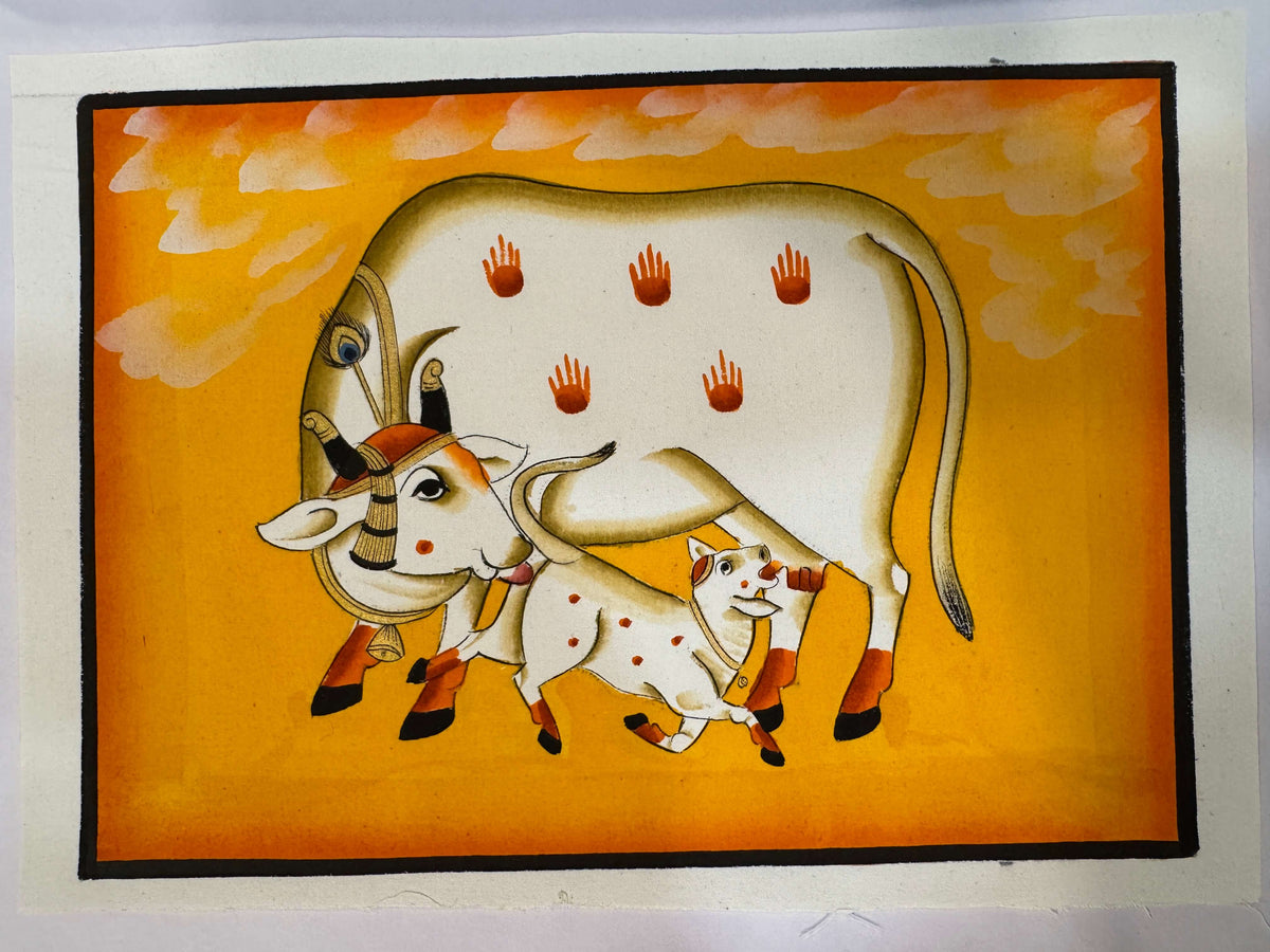 Cow and Calf in Devotional Embrace – Original Pichwai on Cotton Cloth | Hand-Painted in Golden Yellow | 8x12 inches — product view 2