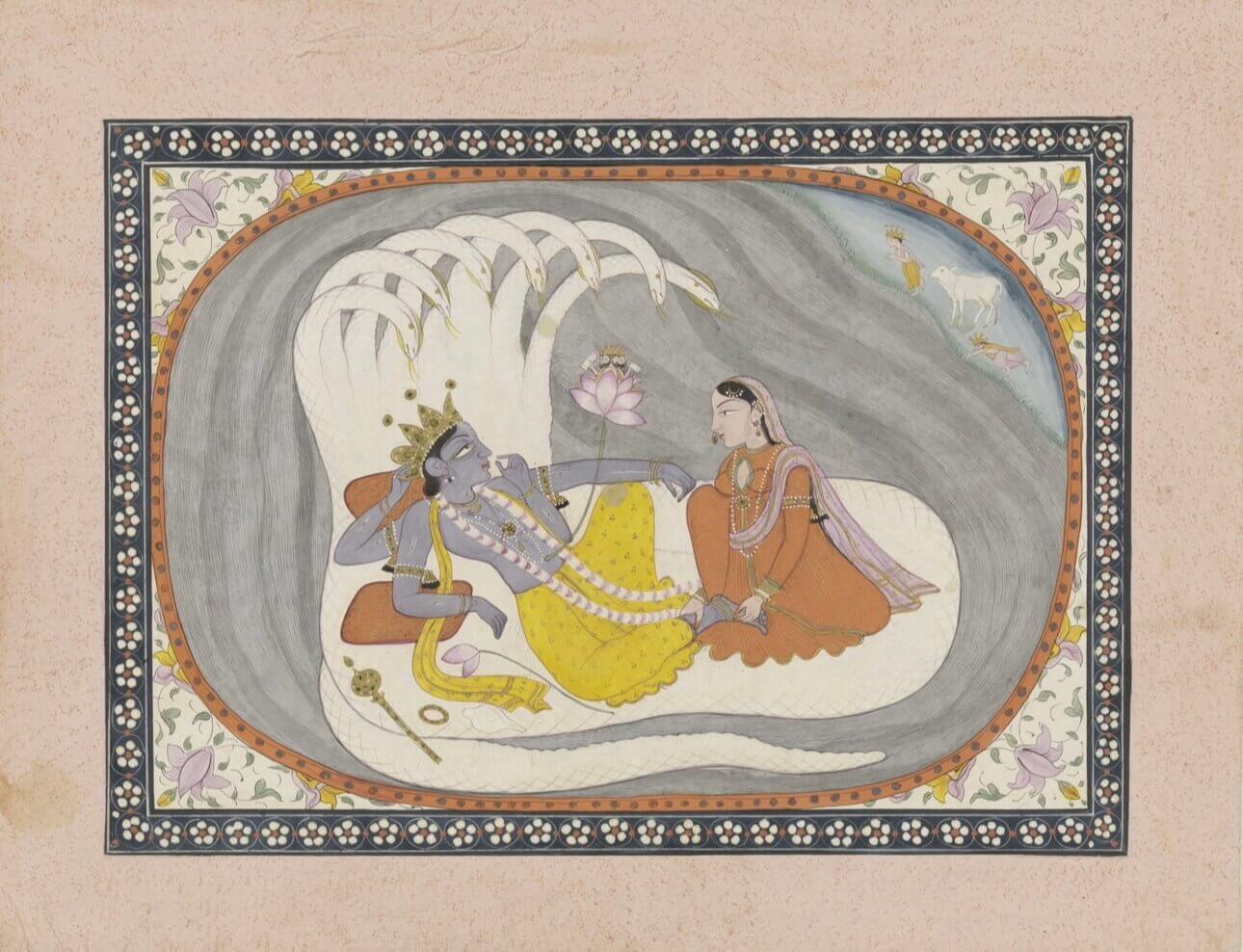 Vishnu and Lakshmi on Sheshnag | Museum-Grade Indian Miniature Art Print