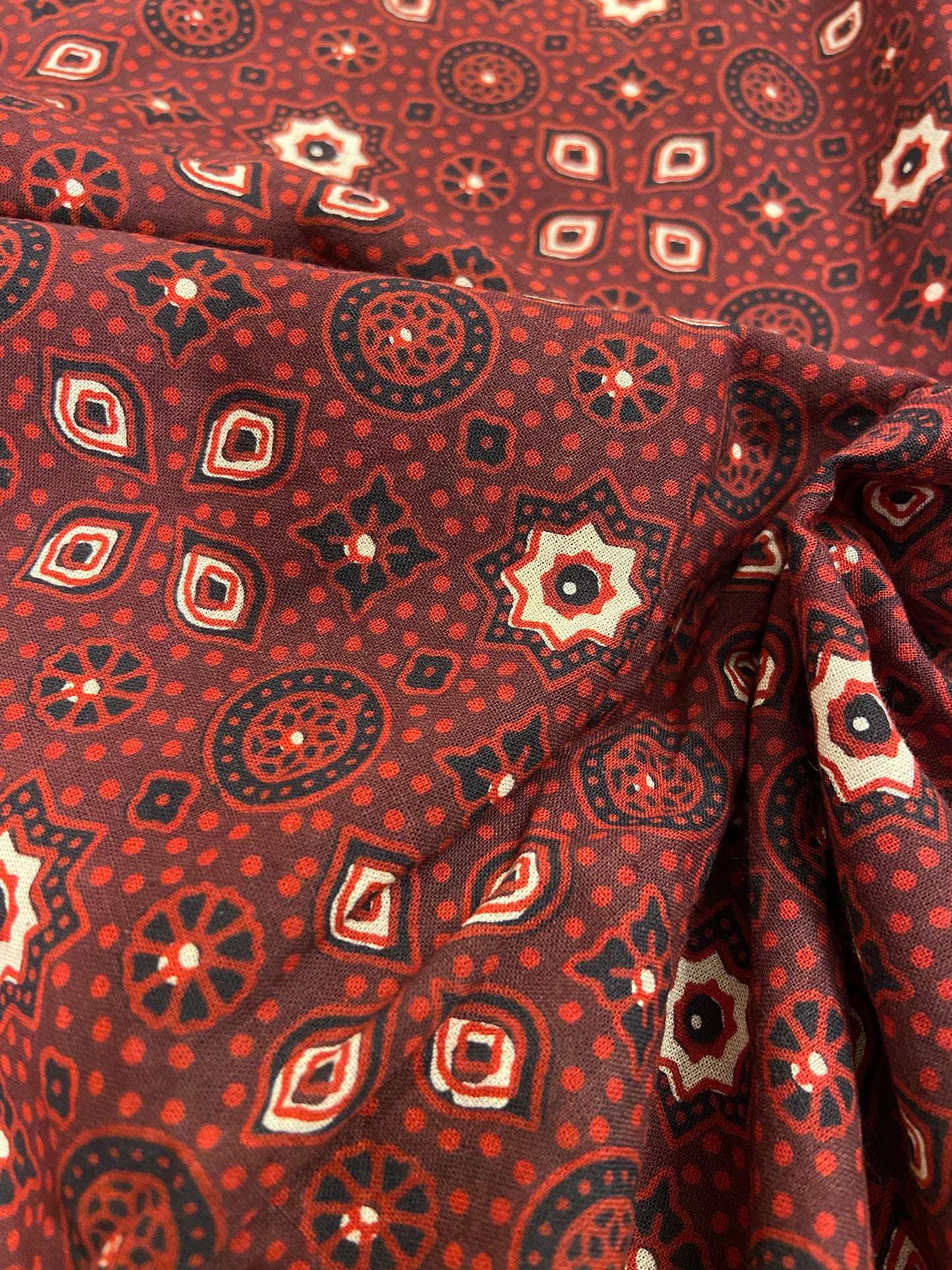 Maroon Ajrakh Hand Block Printed Mulmul Cotton Cloth - Nakhrro