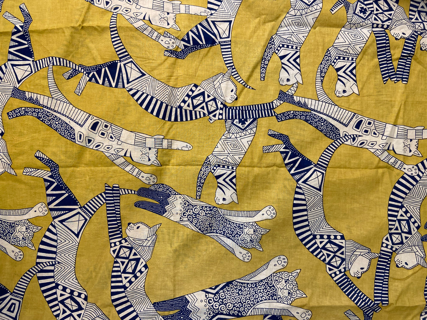 Flying Cats Mustard Yellow Print Cotton Cloth - Nakhrro