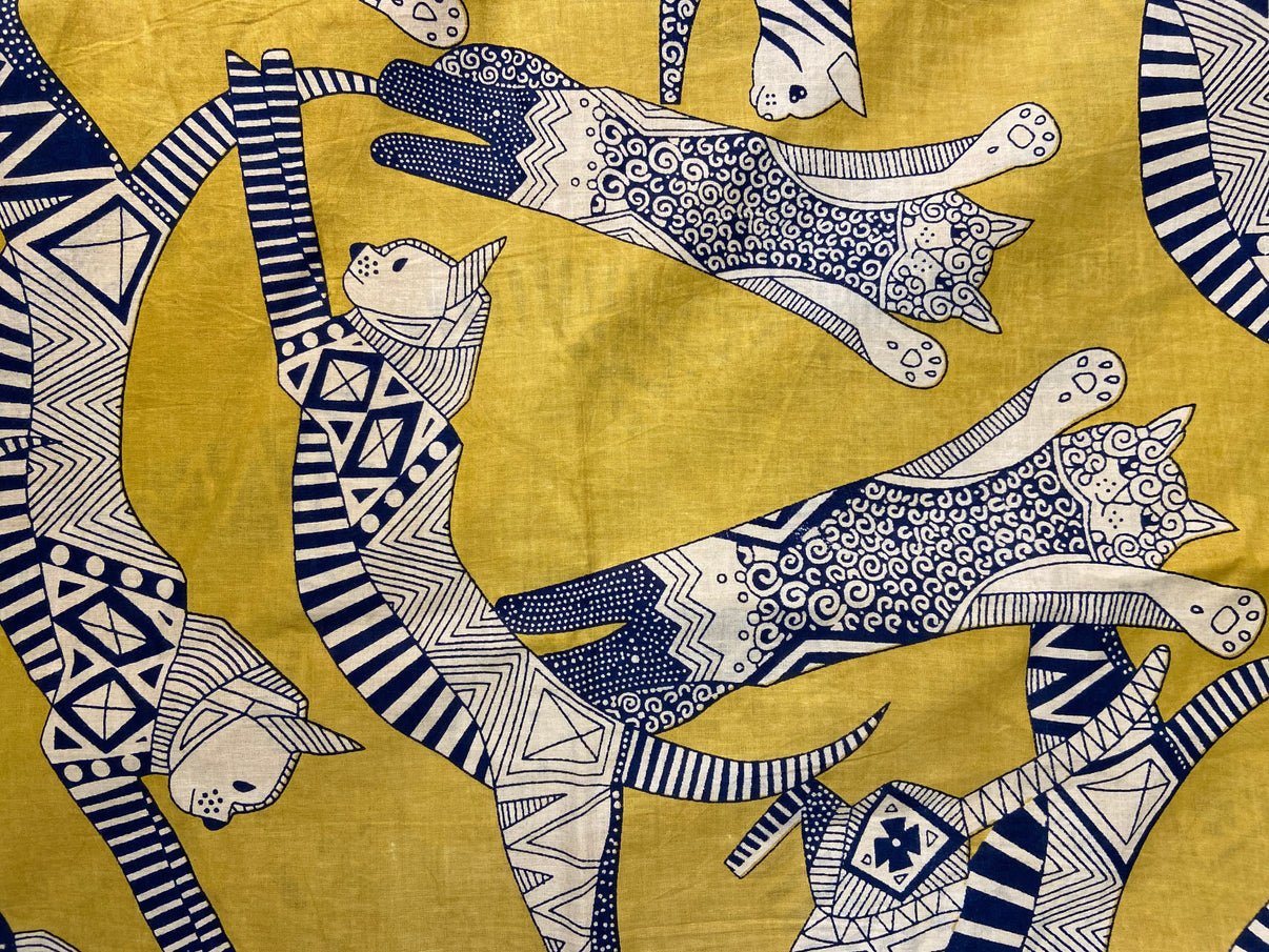 Flying Cats Mustard Yellow Print Cotton Cloth - Nakhrro