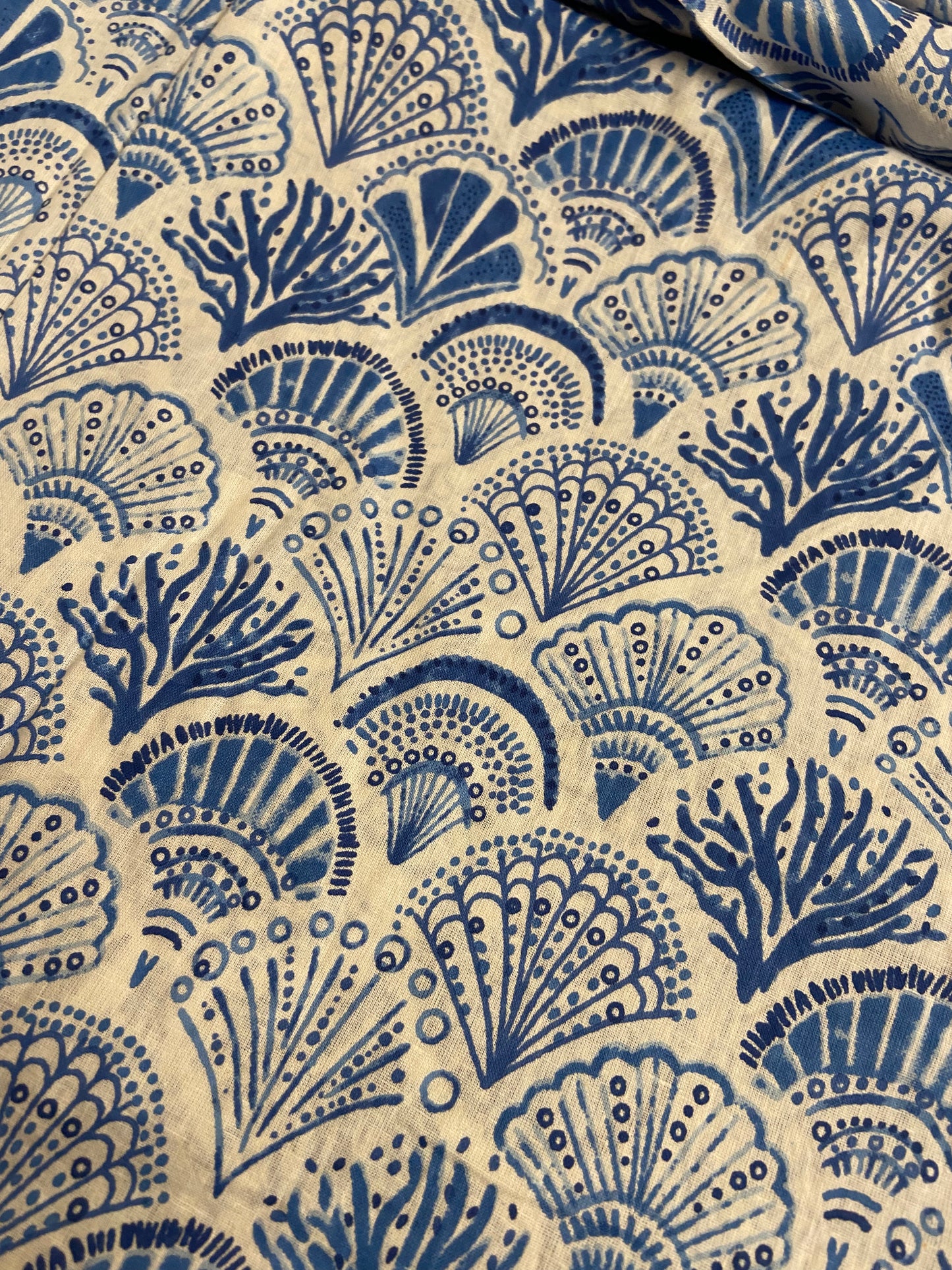 Sea Shells Blue White Hand Block Printed Mulmul Cotton Cloth - Nakhrro