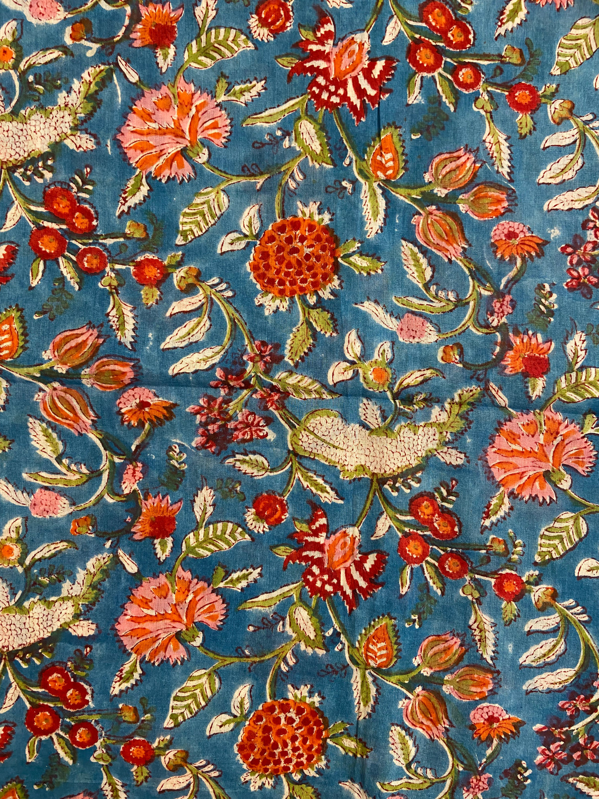 Blue Red Florals Hand Block Printed Mulmul Cotton Cloth - Nakhrro