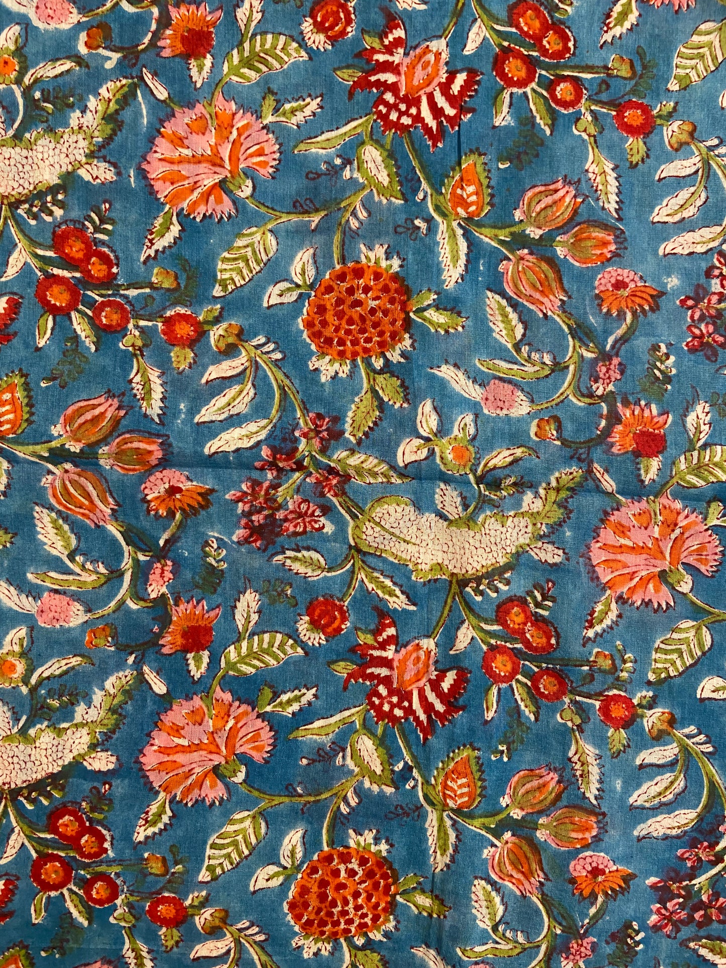 Blue Red Florals Hand Block Printed Mulmul Cotton Cloth - Nakhrro