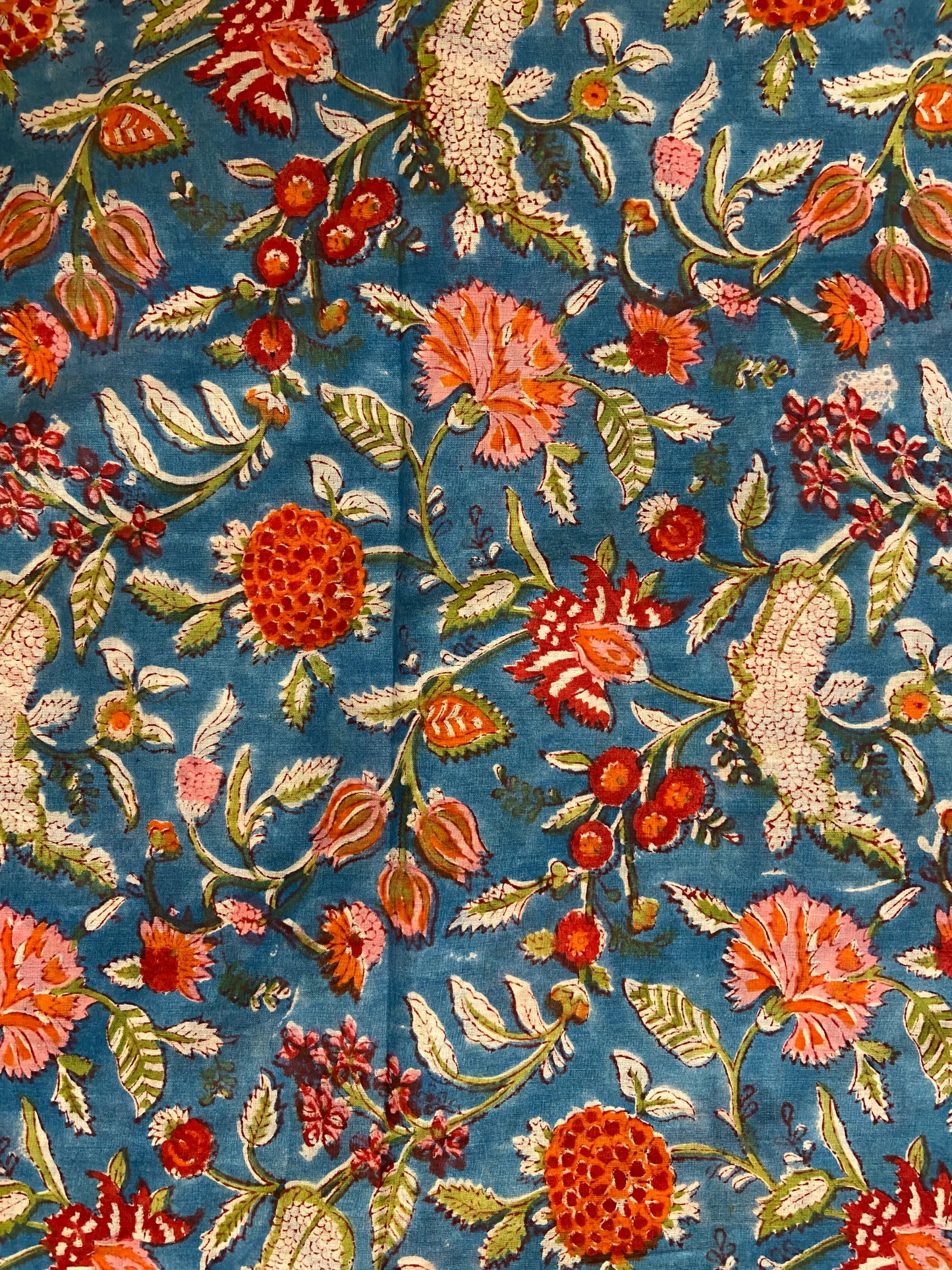 Blue Red Florals Hand Block Printed Mulmul Cotton Cloth - Nakhrro