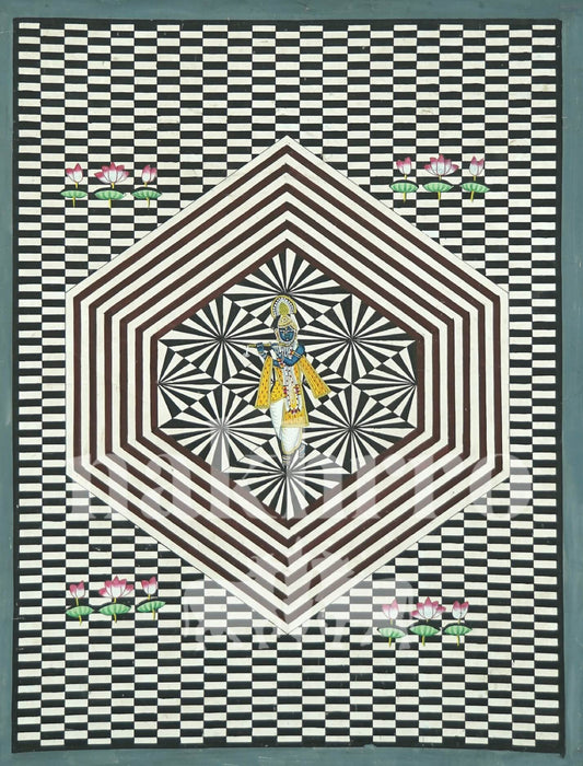 Hand-Painted Shrinathji Pichwai – Optical Illusion Checkered Lotus Design (1.5x2 ft)