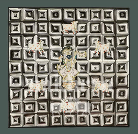Original Shrinathji Pichwai with Cows – Hand-Painted on Cotton | Black & White Optical Grid