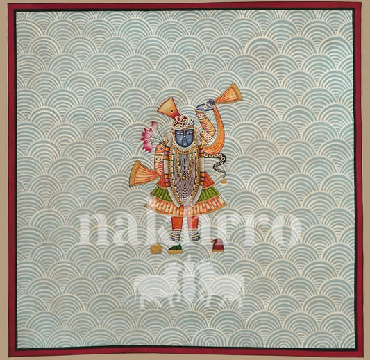 Pastel Wave Background Original Shrinathji Pichwai – Hand-Painted on Cotton
