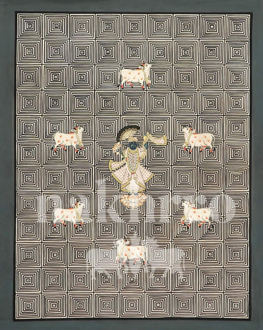 Original Shrinathji Pichwai – Hand-Painted on Cotton | Optical Grid with Cows