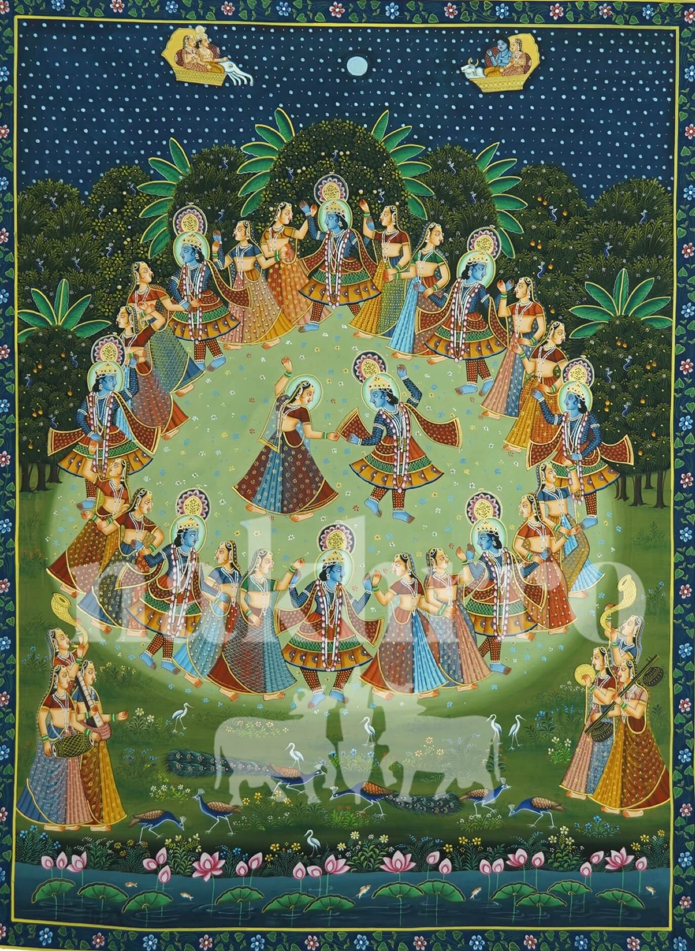 Original Raas Leela Painting – Hand-Painted on Cotton Cloth | Krishna with Gopis Under Moonlit Sky