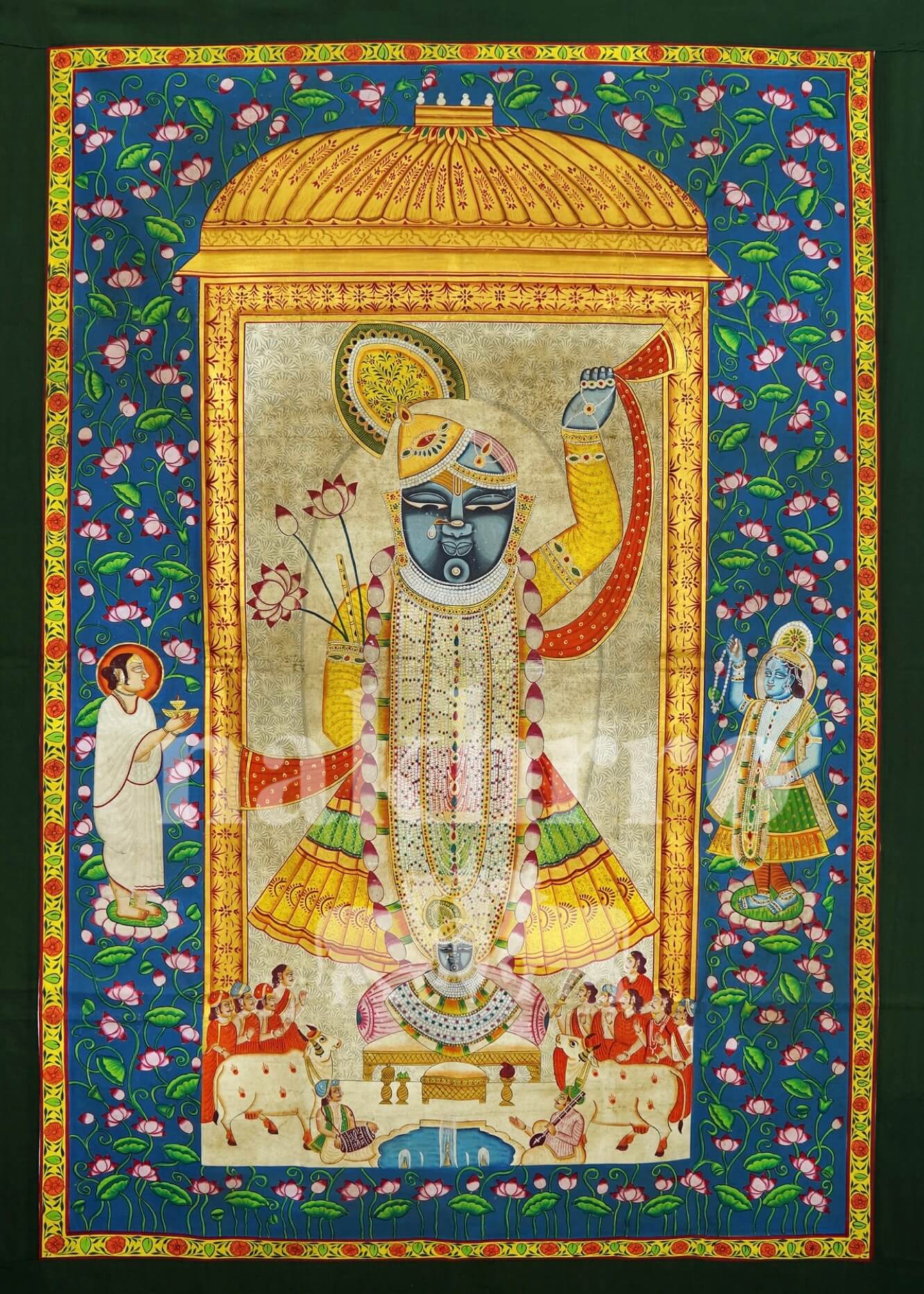 Hand-Painted Shrinathji Pichwai | Thakurji in Sone Ka Bangla | 6x4 ft Original Artwork