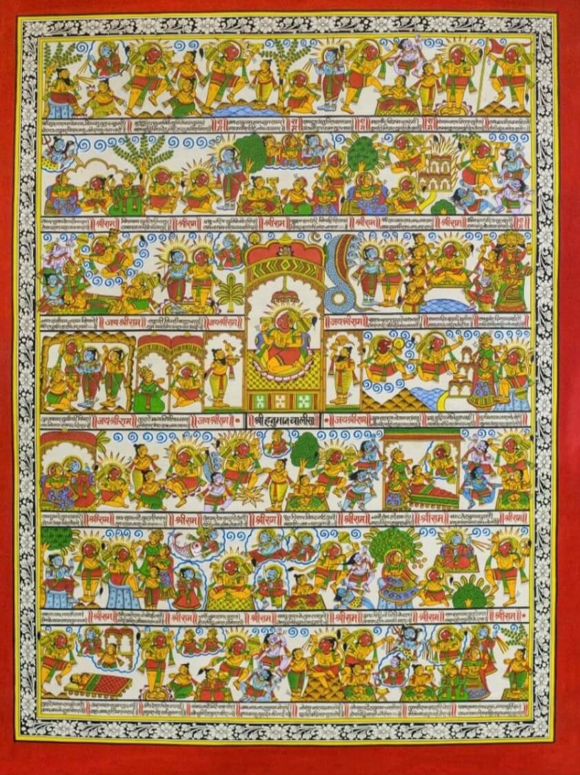 Hanuman Chalisa Pichwai | 4x3 ft Hand-Painted Cloth Artwork with Handwritten Chaupais