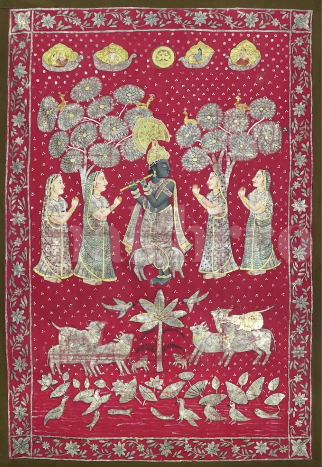 Deccan Style Krishna Pichwai | 6x4 ft Hand-Painted with Real Silver & Gold Leaf on Red