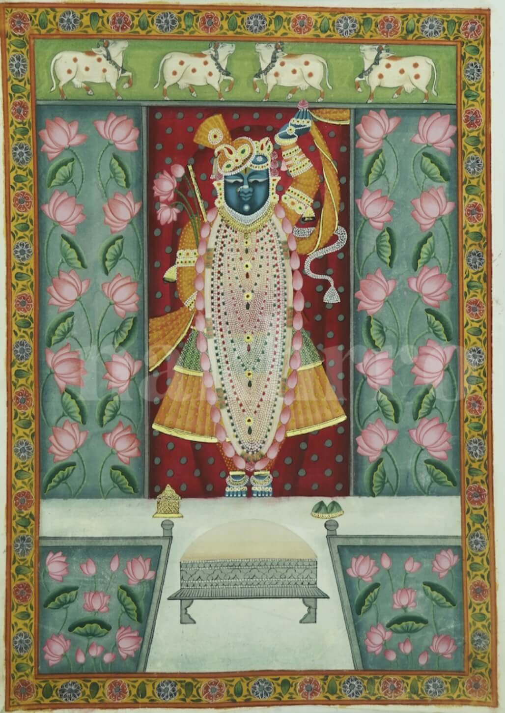 2x3 ft Shrinathji Pichwai hand-painted on cotton with real gold leaf and lotus motifs