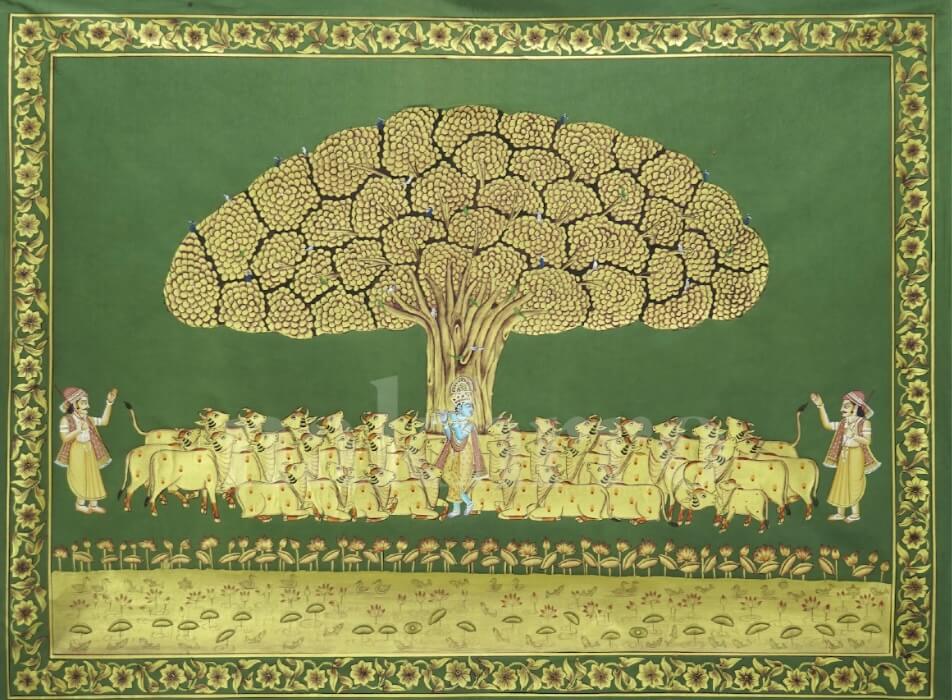Krishna Under Tree of Life Pichwai | Hand-Painted Original with Kamdhenu Cows on Green