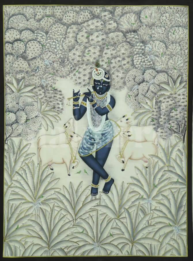 Monochrome Krishna Pichwai hand-painted in ivory and blue with Kamdhenu cows, minimal forest detailing