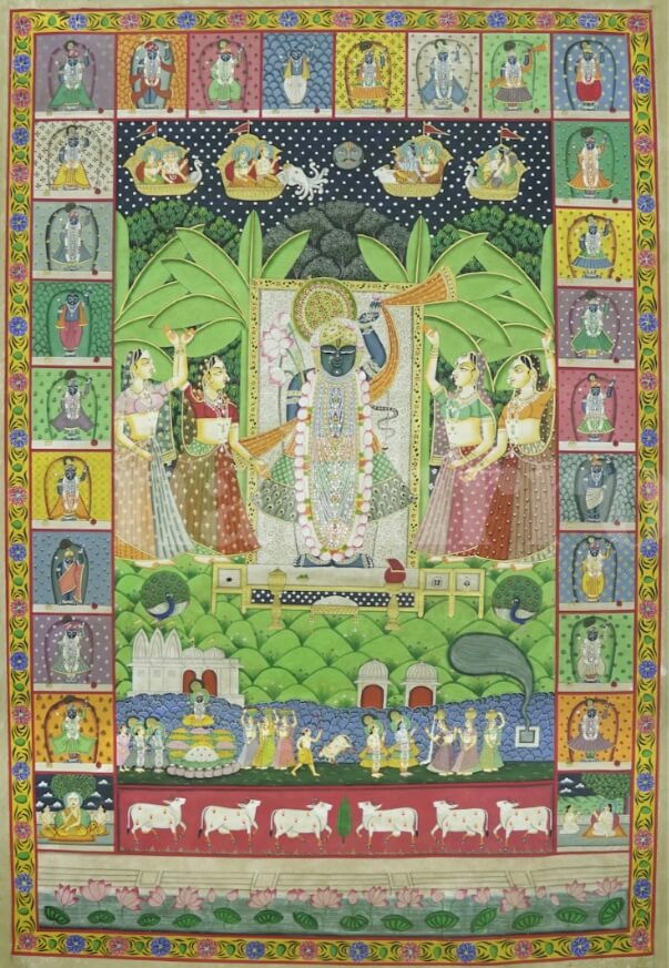 Sharad Poornima Pichwai | 6x4 ft Hand-Painted Original with Swaroop Border, Annakoot & Daan Leela