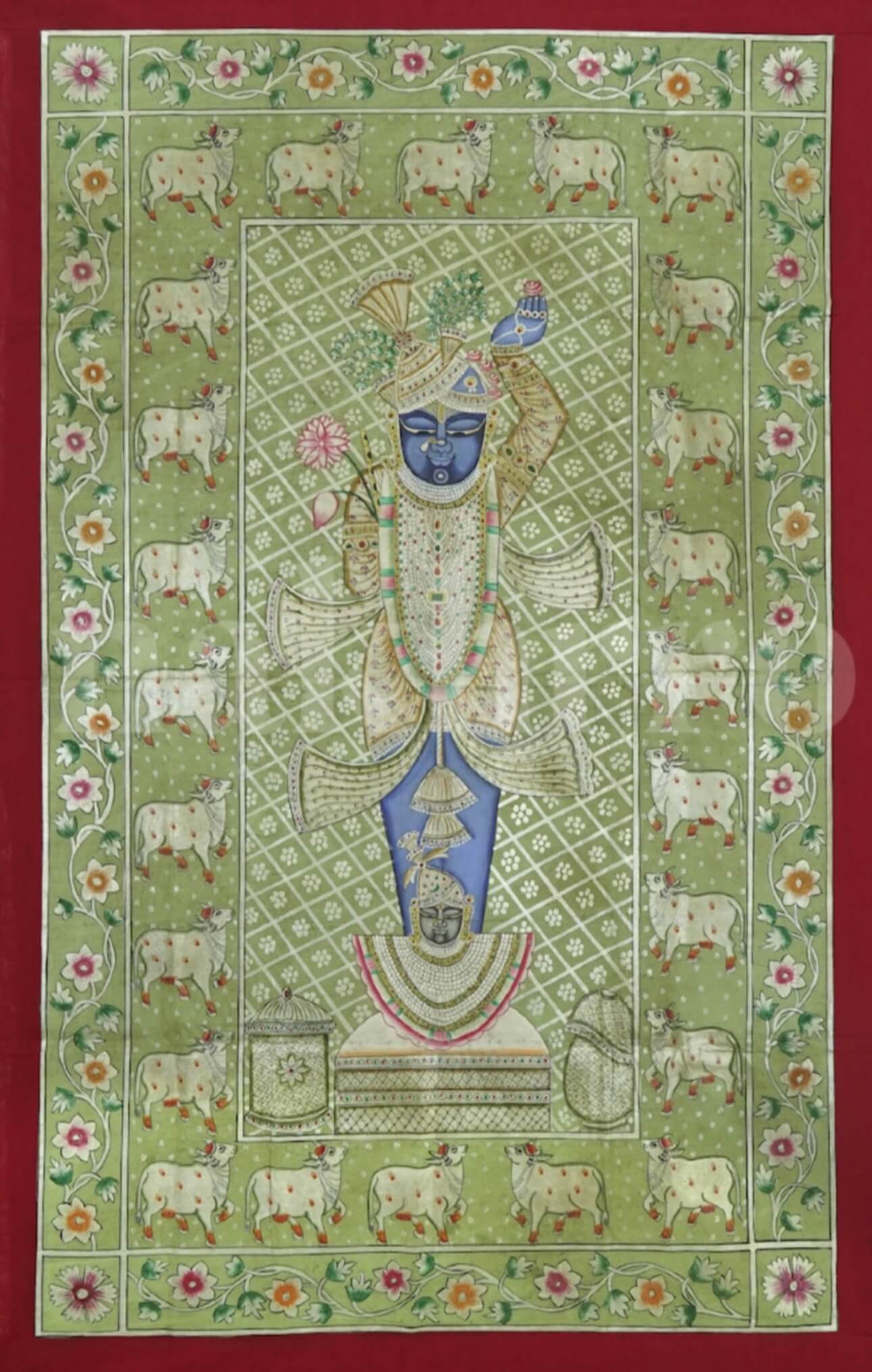 Shrinathji Pichwai | 3x5 ft Hand-Painted on Sage Green with Real Silver Leaf