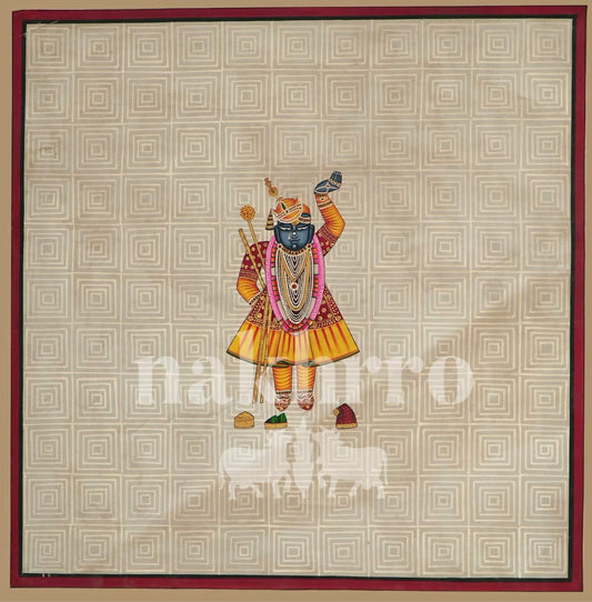 Hand-Painted Shrinathji Pichwai on Geometric Beige Background