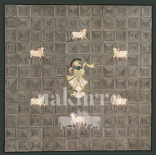 Hand-Painted Krishna Pichwai on Cloth – Geometric Design with Cows (2x2 ft)