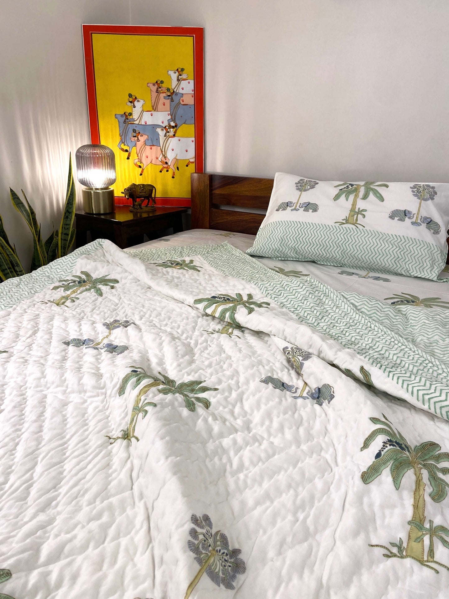 Gaj Green Pastel Organic Mul Cotton Single Bed Quilt - Nakhrro