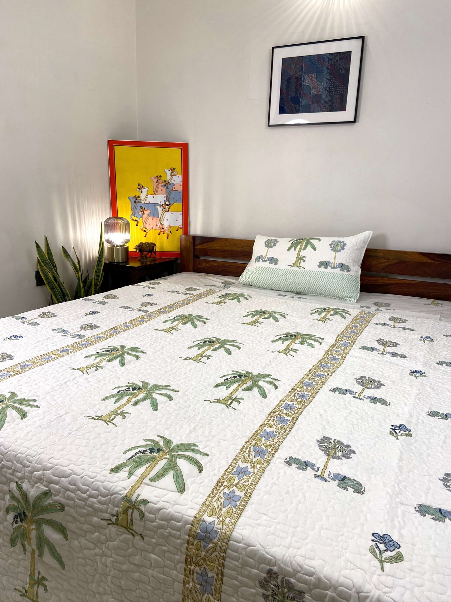 Pastel Green Gaj Palm Jaal Quilted Bedcover - Nakhrro