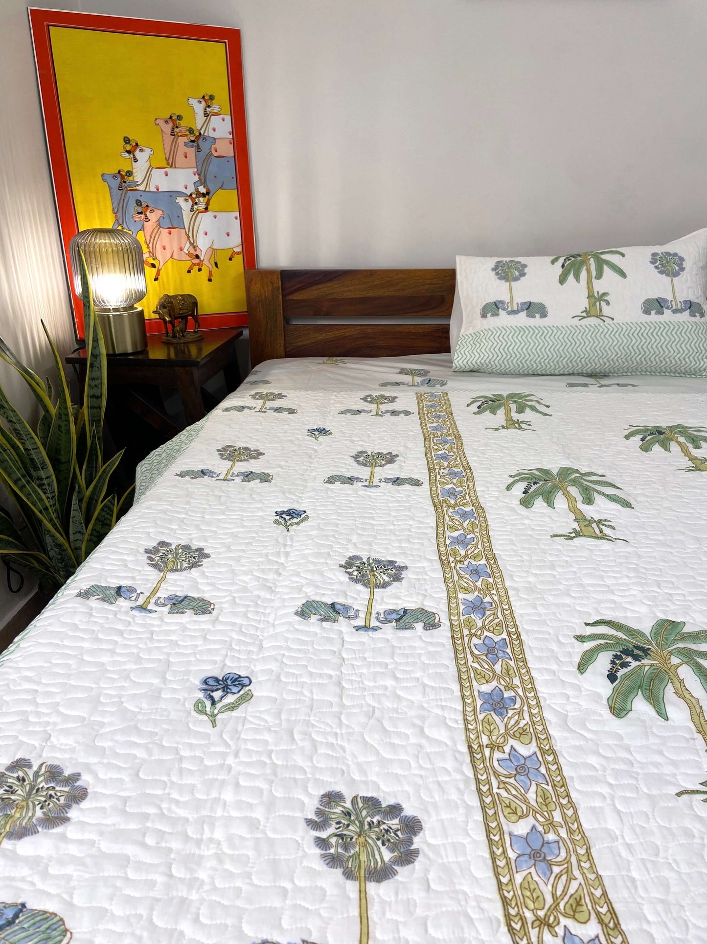 Pastel Green Gaj Palm Jaal Quilted Bedcover - Nakhrro