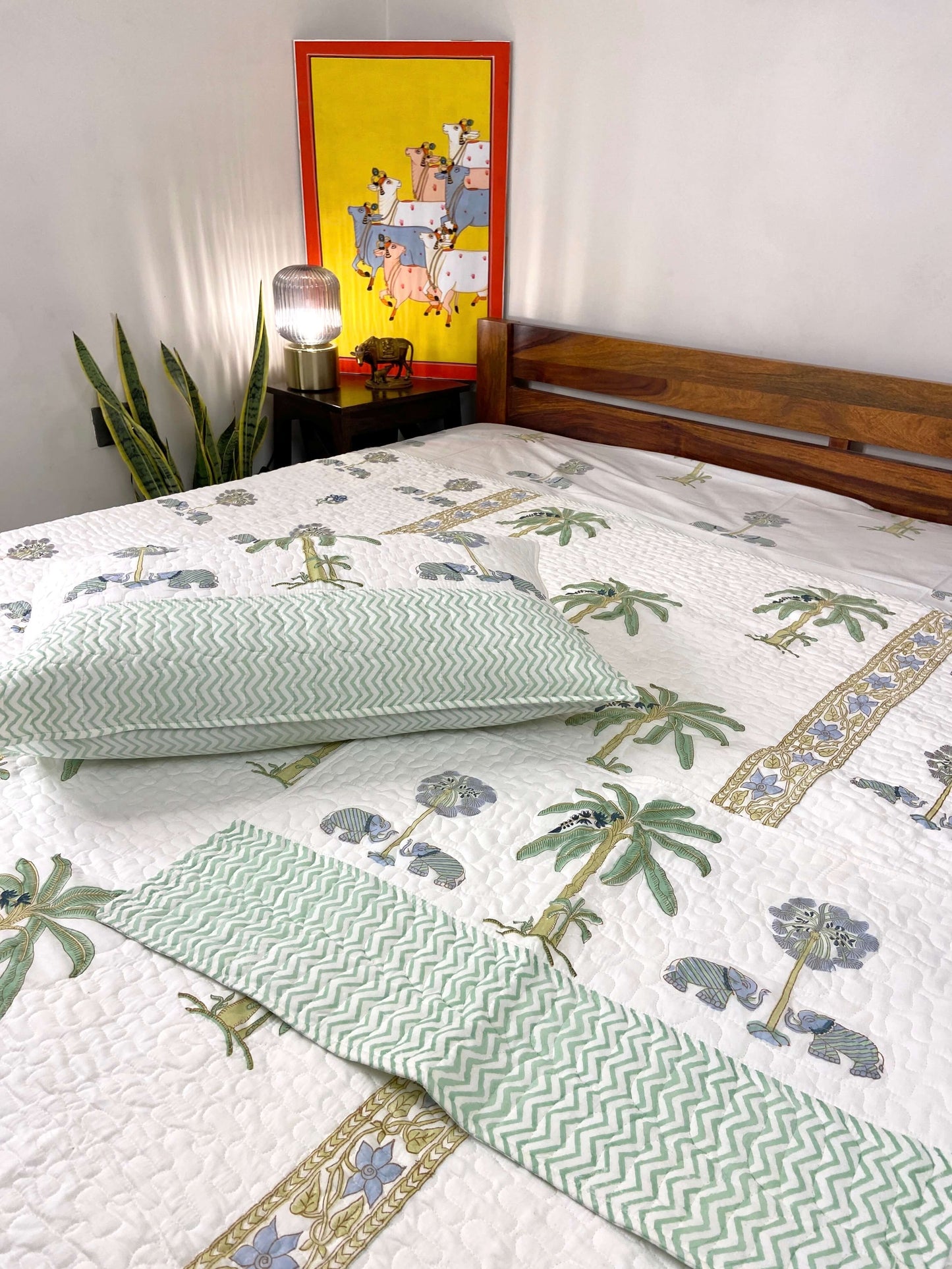 Pastel Green Gaj Palm Jaal Quilted Bedcover - Nakhrro
