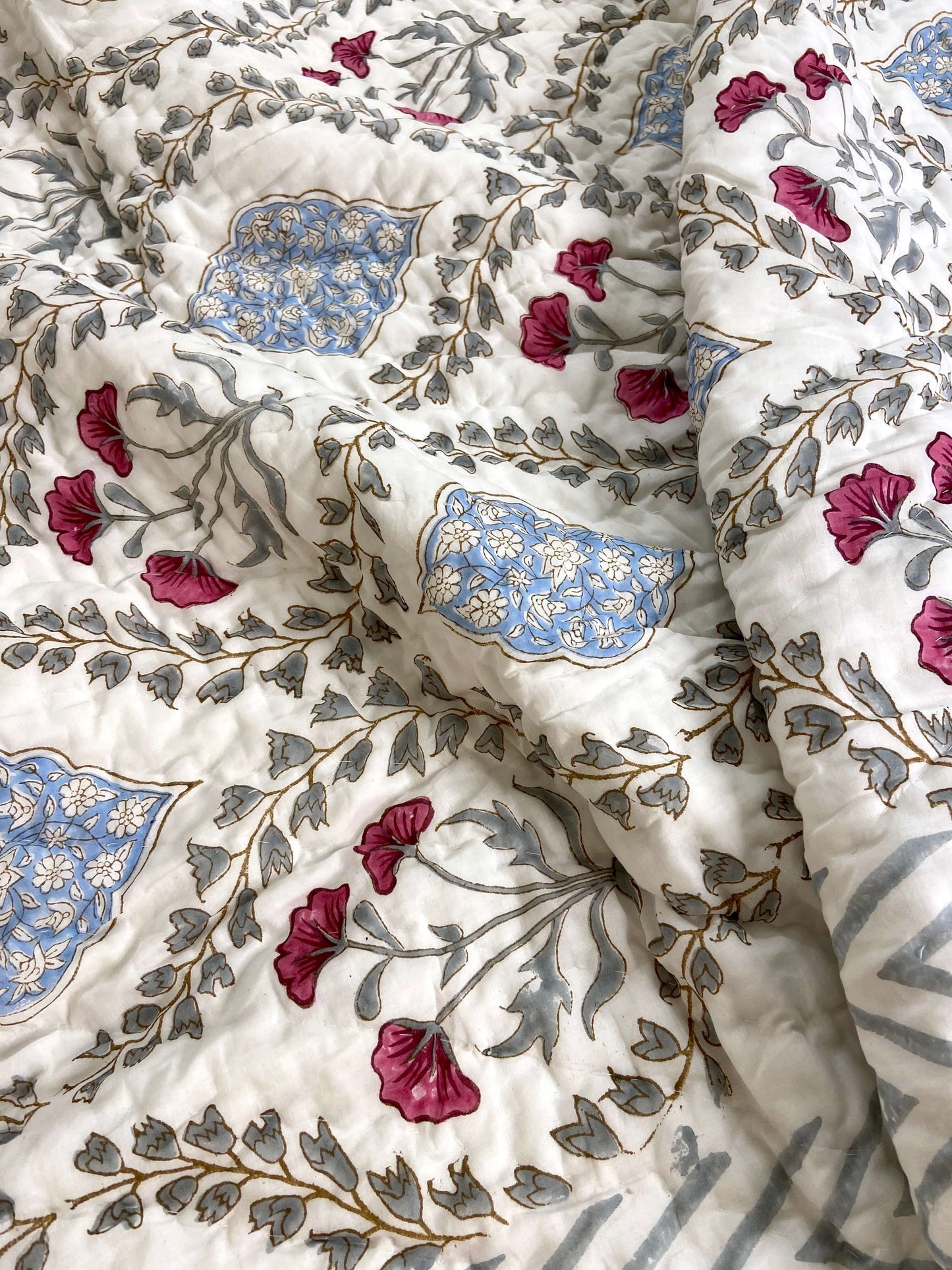 Pastel Grey Blue Floral Organic Mul Cotton Single Bed Quilt - Nakhrro