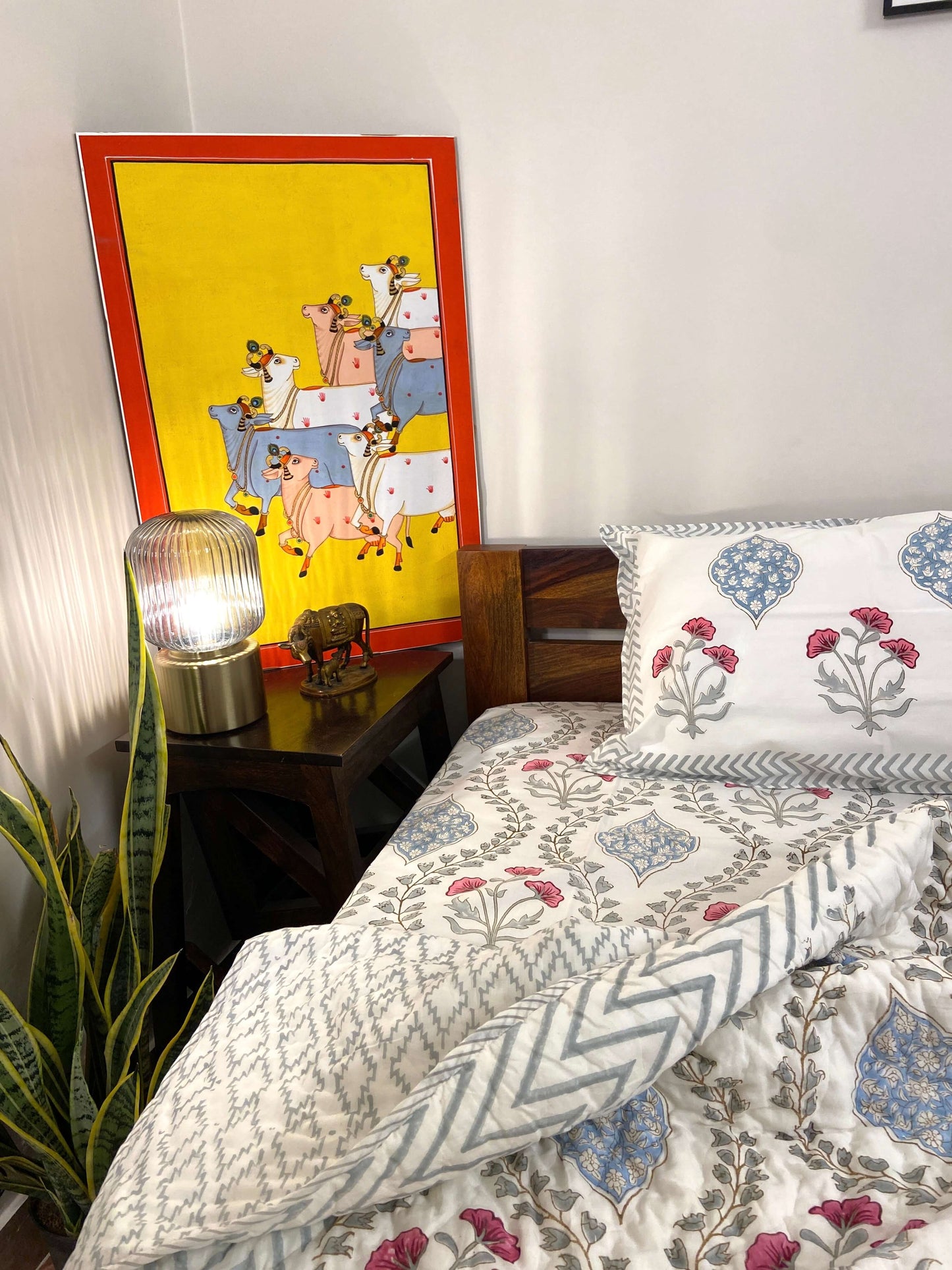 Pastel Grey Blue Floral Organic Mul Cotton Single Bed Quilt - Nakhrro