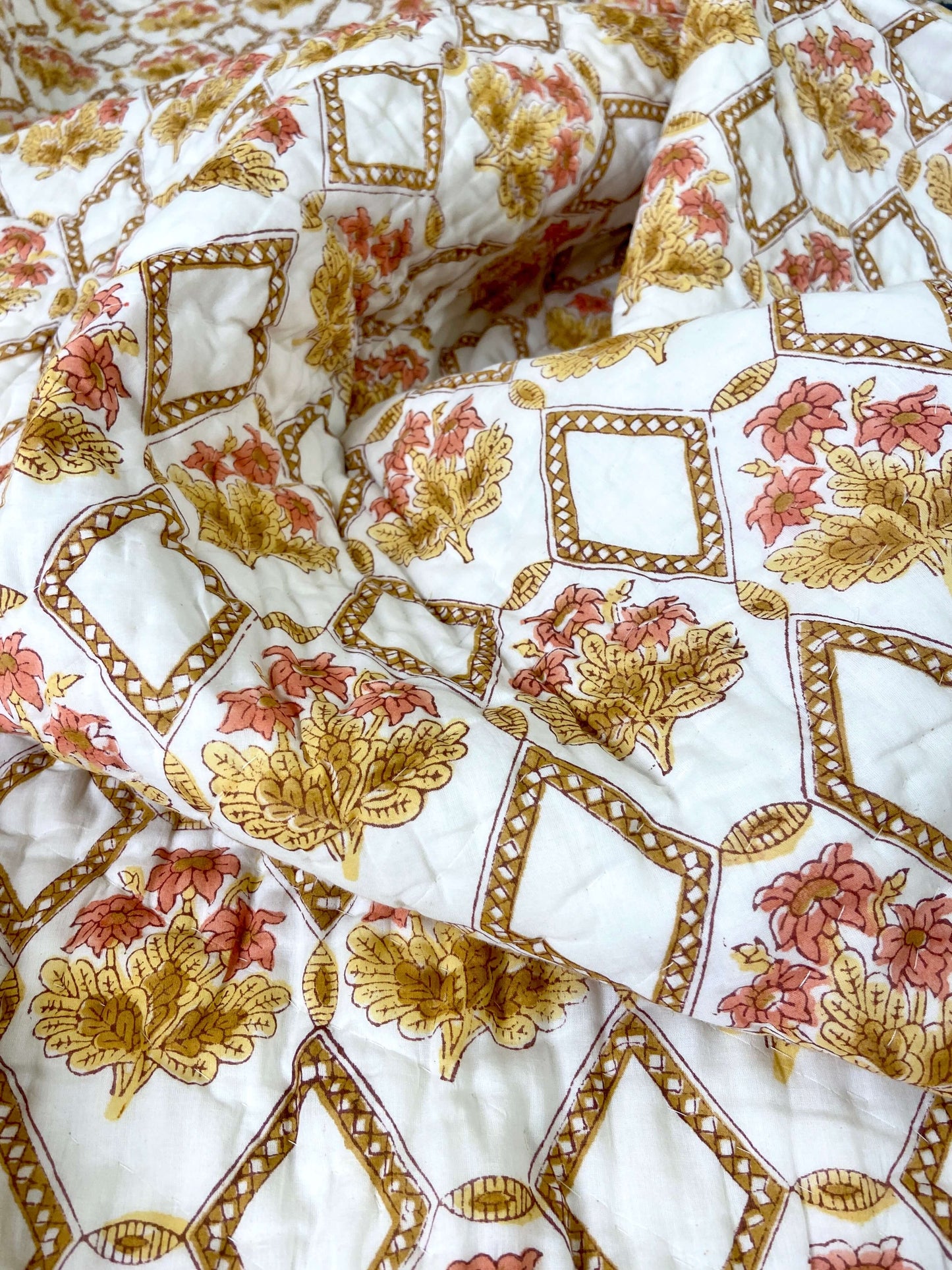 Honeycomb Floral Organic Mul Cotton Reversible Double Bed Quilt - Nakhrro